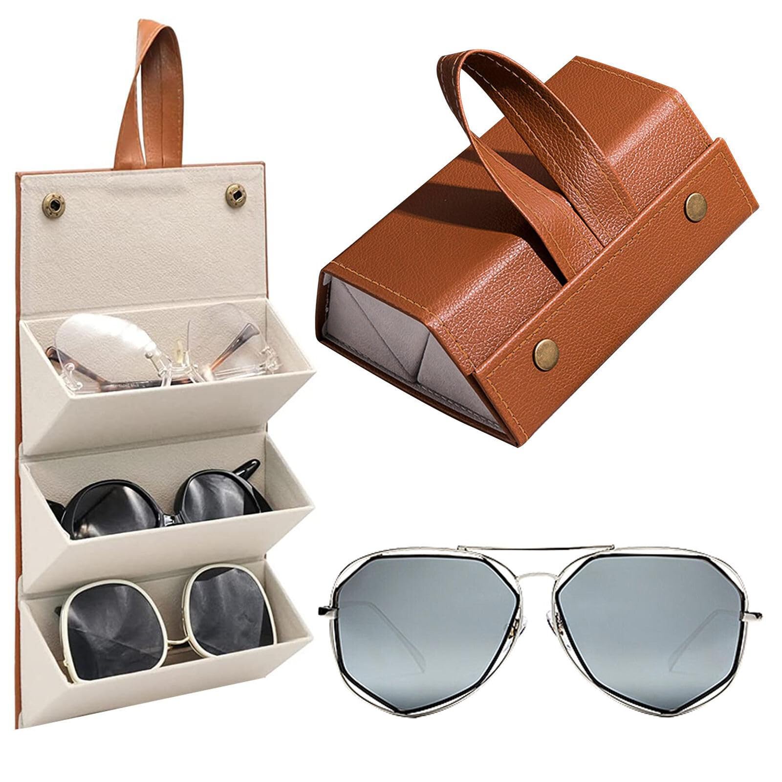 3 Slot Travel Sunglasses Organizer Case - PU Leather Hanging Foldable Eyeglasses Case Storage Box for Men Women - (Multicolor)-image-46