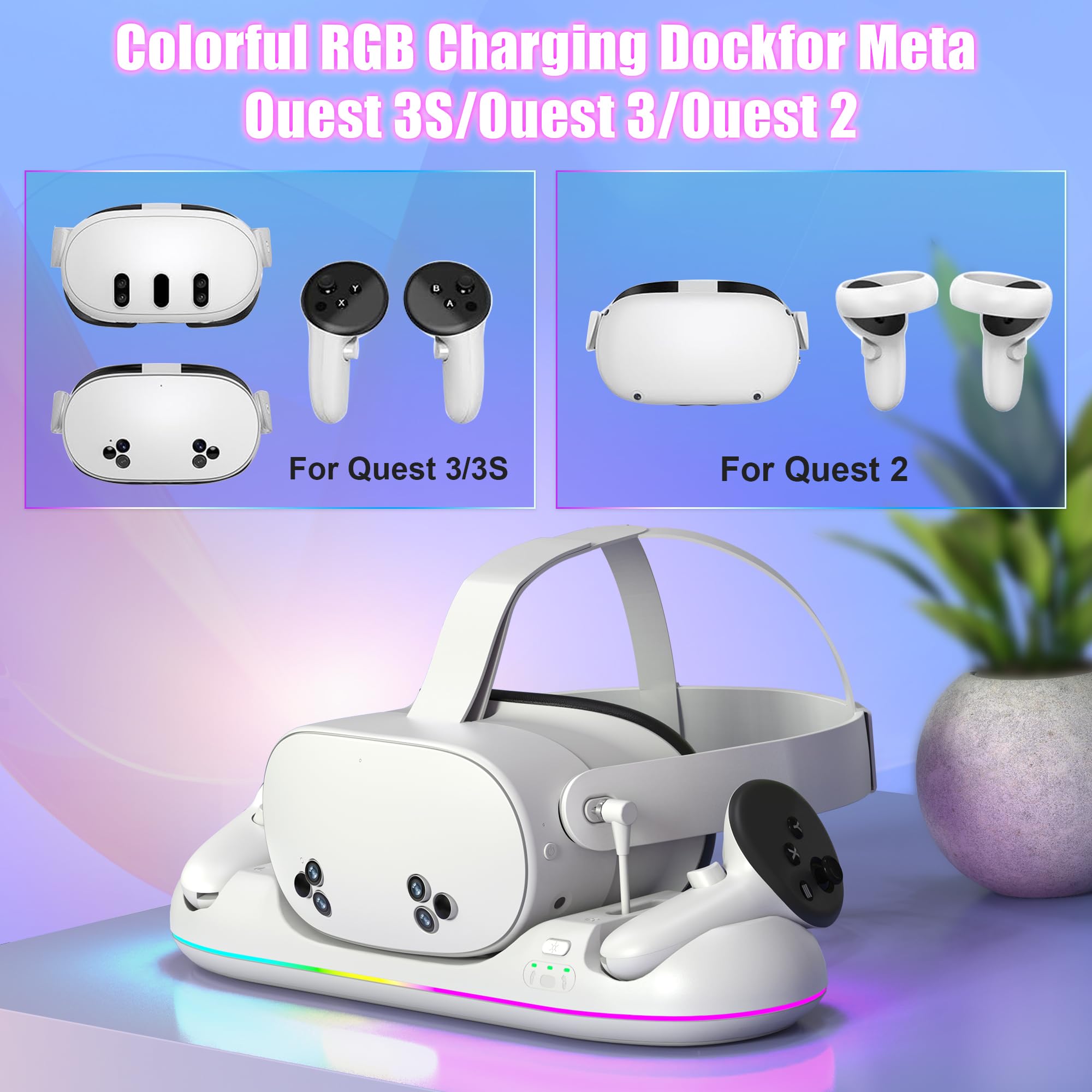 VZNEK - Estación de Carga magnética para Meta Quest 3S/3/2-20W, PD estación de Carga rápida con luz LED RGB, baterías Recargables, Cable USB-C y Adaptador para Auriculares/Controlador VR (Q22)