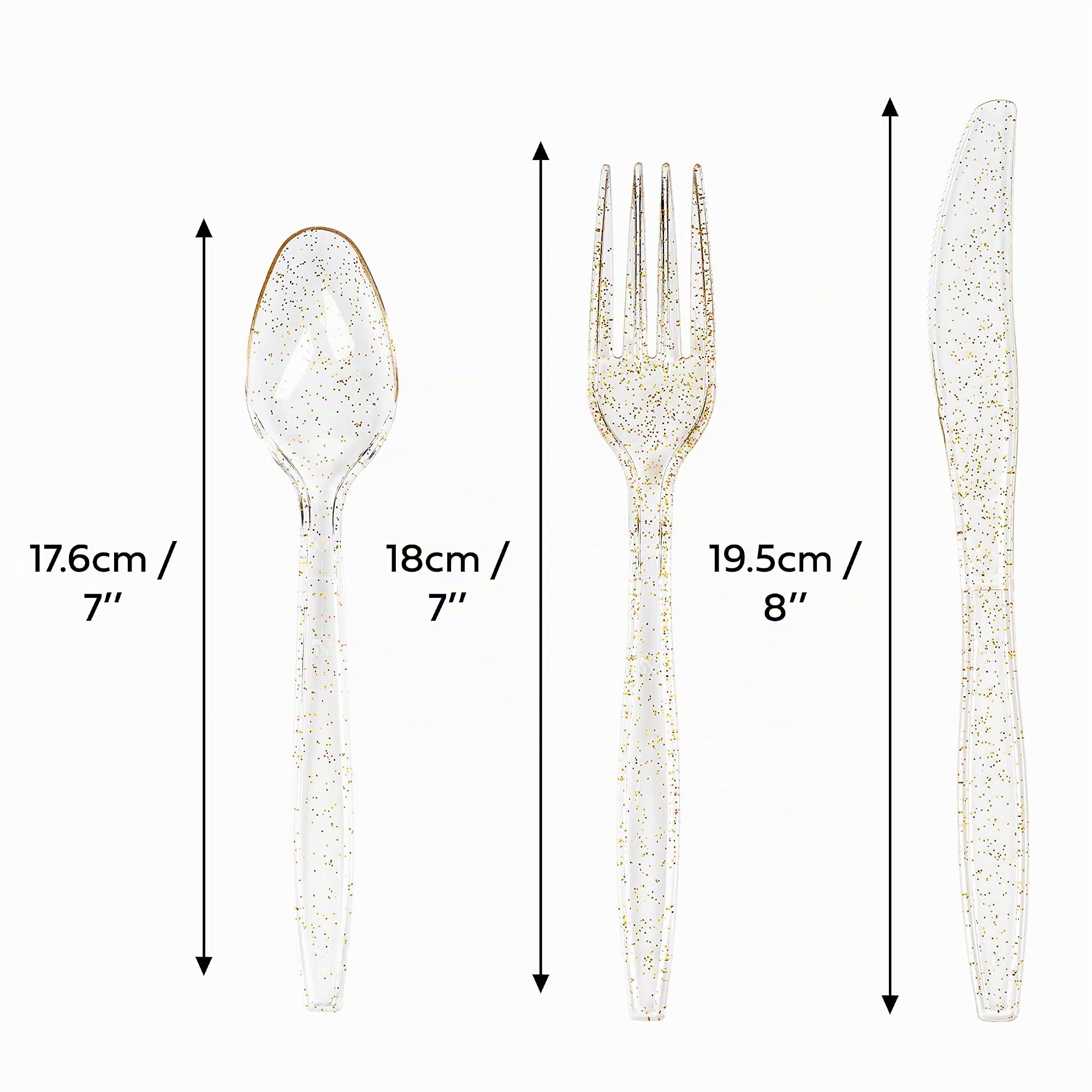 150 Couverts en Plastique avec Paillettes Dorées - Réutilisable