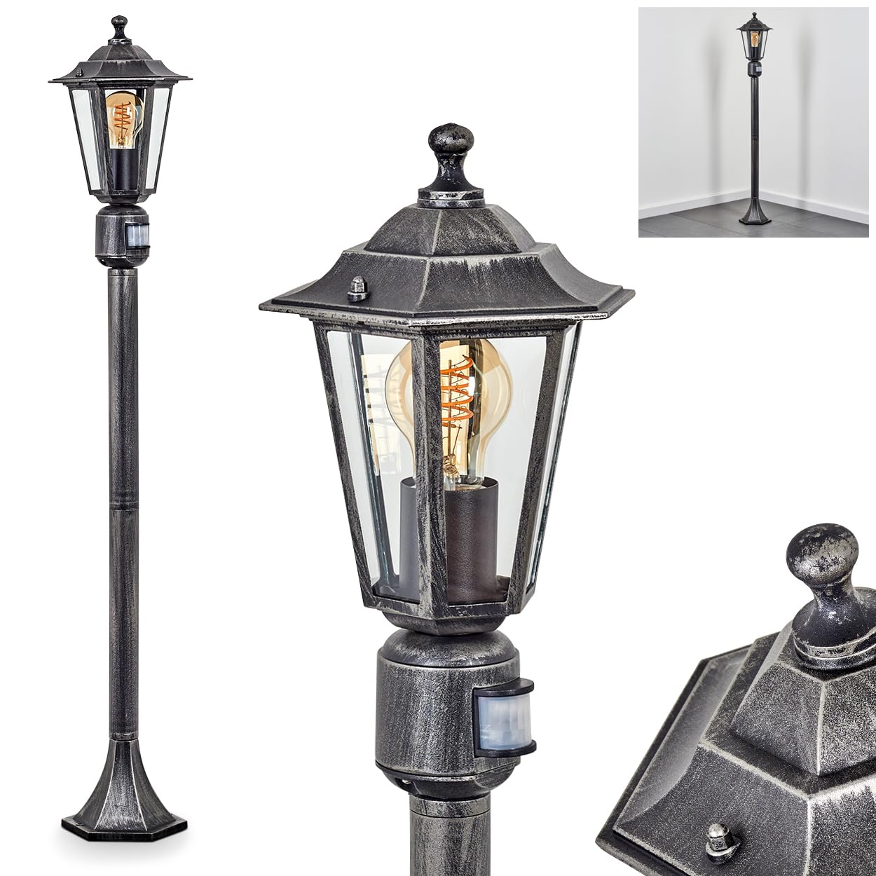 Lampa zewnętrzna Loria, lampa drogowa z czujnikiem ruchu z metalu/szkła w kolorze czarno-srebrnym/przezroczystym, lampa zewnętrzna o wyglądzie antycznym, 107 cm, lampa ogrodowa, oświetlenie ogrodowe