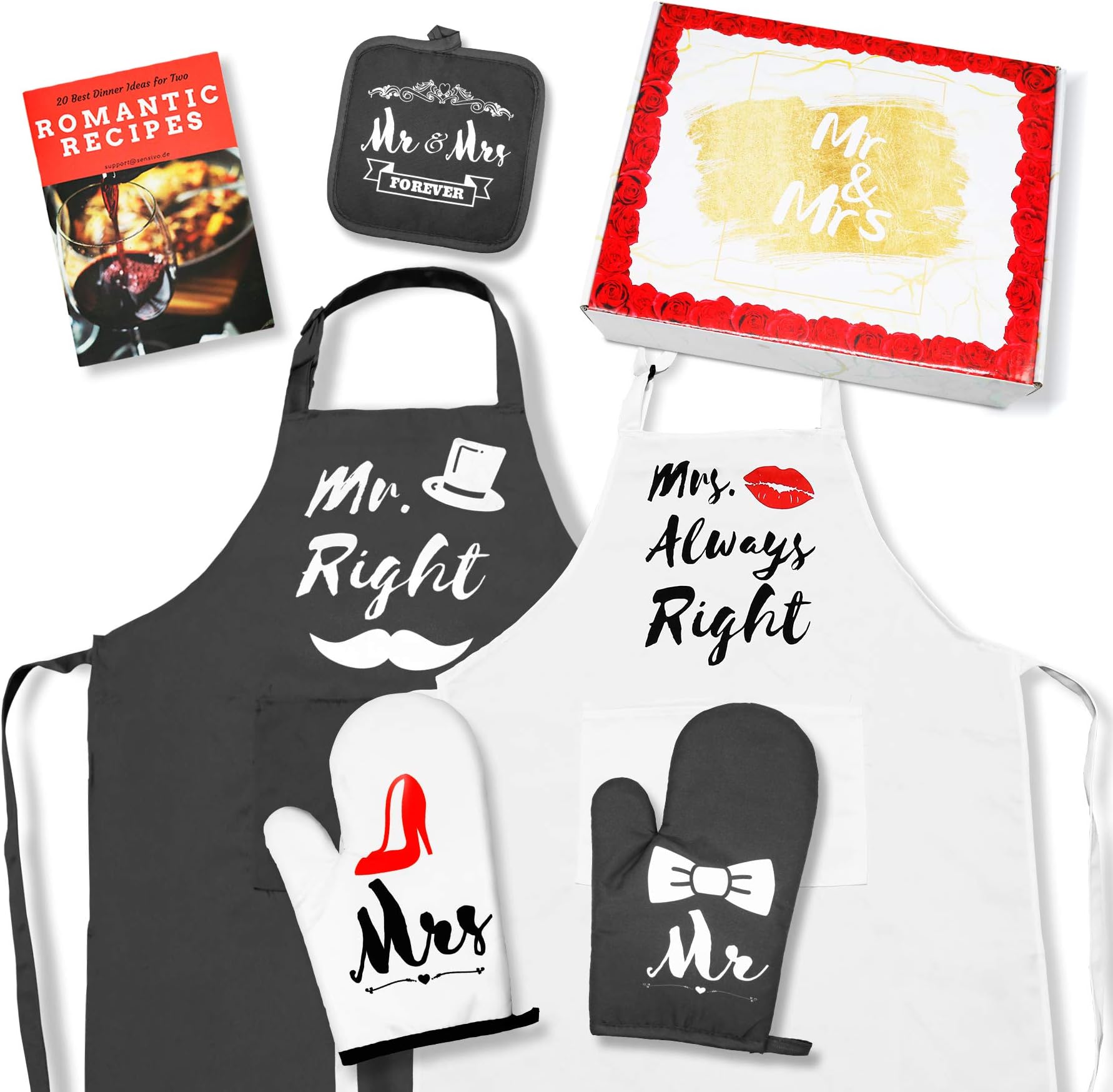 Wedding Gifts For Couple, Bride Gifts, Engagement Gift For Couples Gifts - Aprons, Oven Mitts And Pot Holders Sets, Romantic Recipes