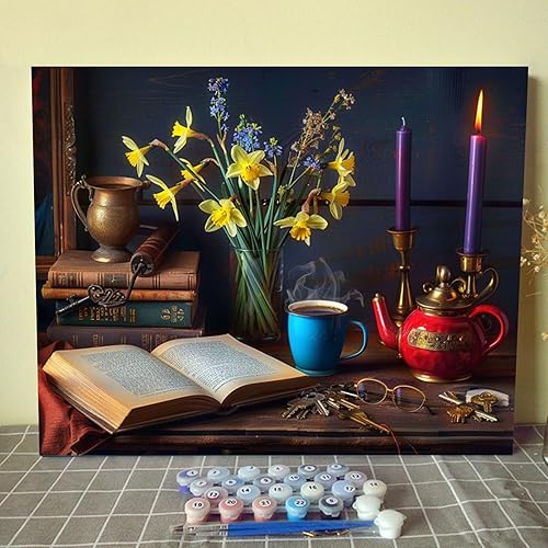 Miniatura 11 de Kits de pintura por números para adultos principiantes, pintura al óleo sobre lienzo de 16 x 20 pulgadas, lámpara de flores y óleo, pigmento