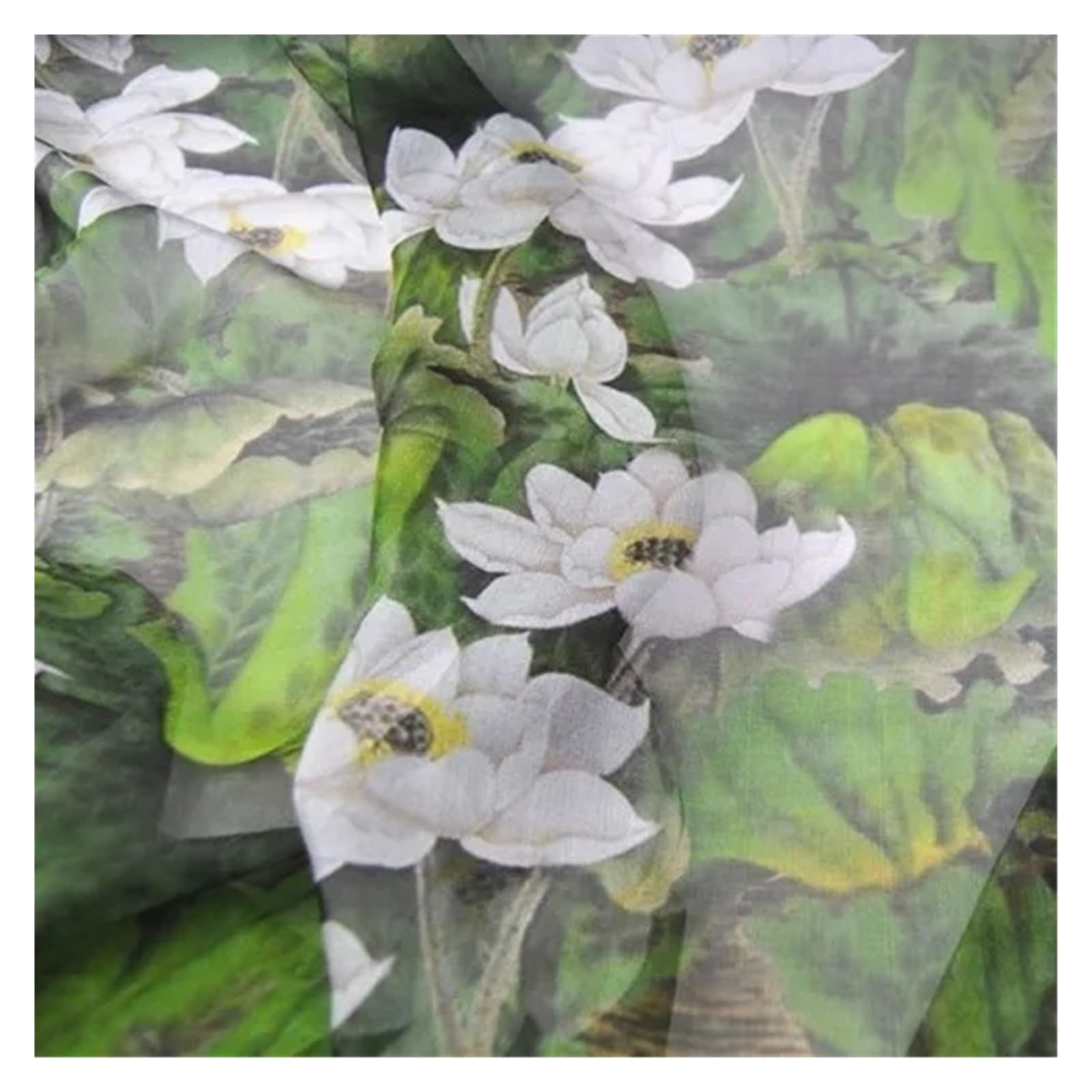 Tissu Jacquard Tissu En Mousseline De Soie Lotus Blanc Avec Motif Vert