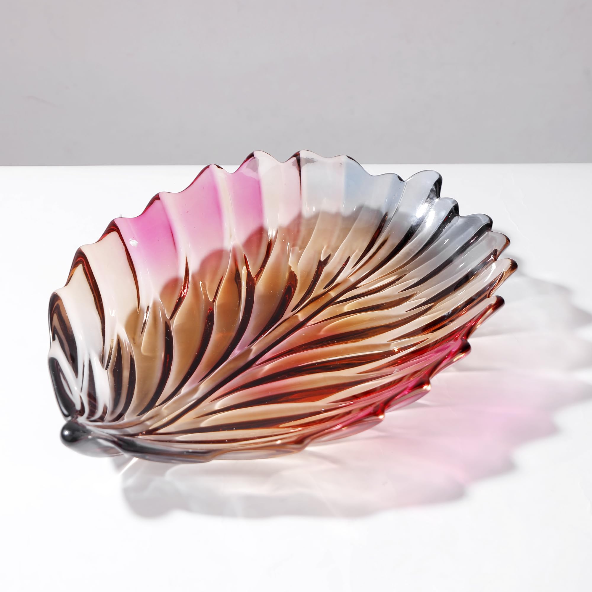 Kreative, bunte handbemalte Kristallglas-Blattform, dekorative Schale, 31 cm Durchmesser, Obst-Display und Küchentisch.