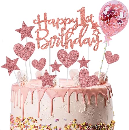 Amazon Co Jp ケーキトッパー ローズゴールド ケーキ飾り 豪華セット 1歳の誕生日 飾り付け 1st Happy Birthday 誕生日パーティー ケーキデコレーション 星 ラブハード ローズゴールド紙吹雪風船 バースデーケーキトッパー お誕生日 お祝い 記念写真 写真撮影 かわいい