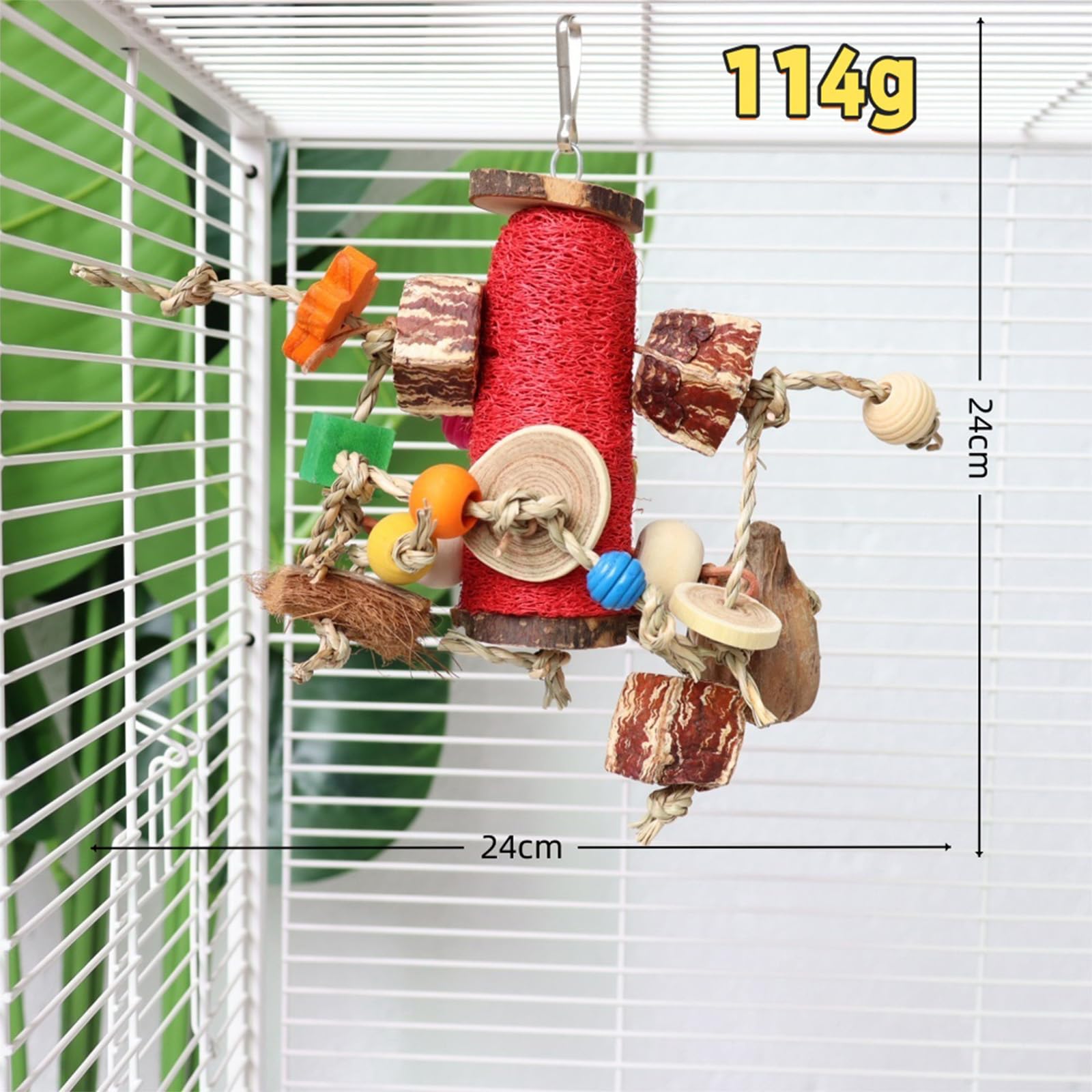 Natural Loofah Parrot Chew Toy - Hanging Bird Shredding Foraging Toy with Colorful Rope, Wood Blocks & Beads for Macaws, Cockatoos, African Grey, Conures - Bird Cage Chewing Entertainment Toy. - image 3
