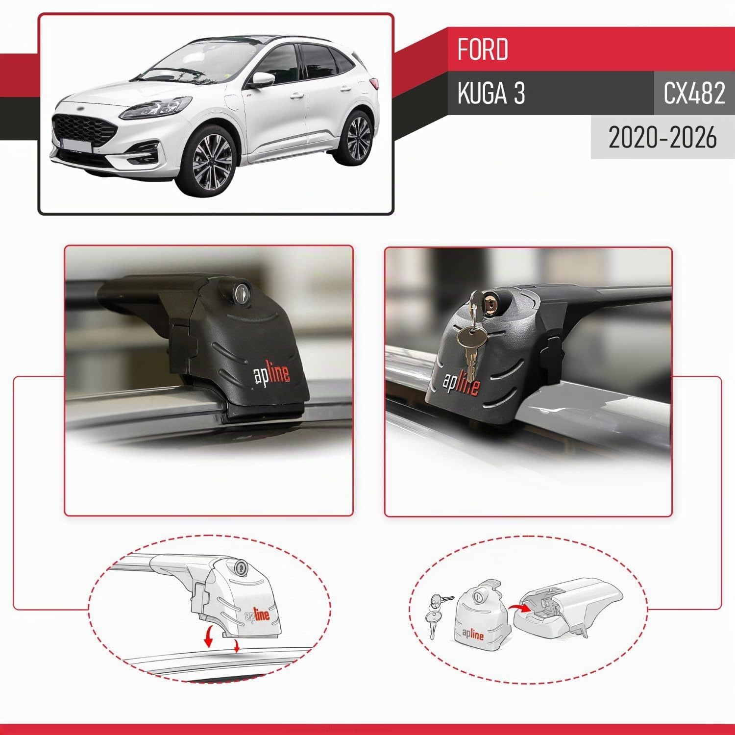 Compatible avec Ford Kuga 3 (CX482) 2020-2025 ACE-2 Barres de Toit Railing Porte-Bagages de Voiture Noir Aluminium 2 Barres