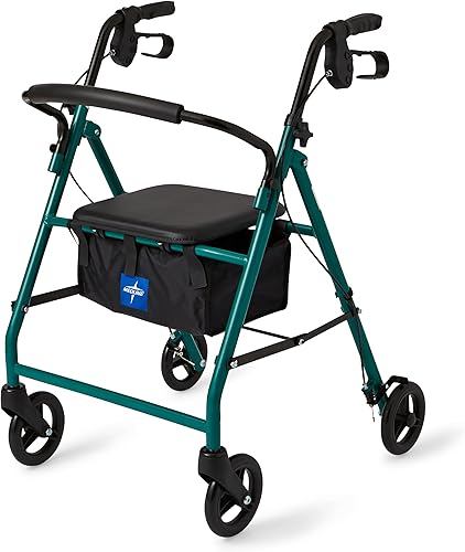 Medline Caminador de movilidad plegable de acero para adultos con ruedas de 6 pulgadas verde