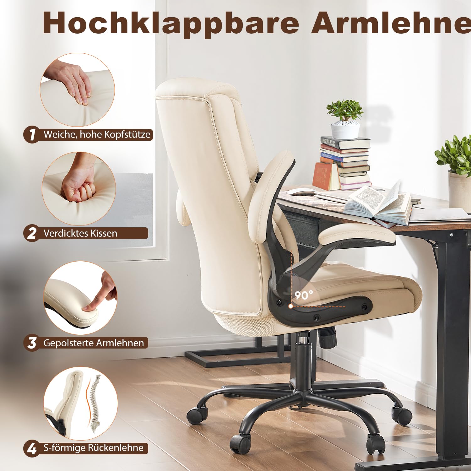 DUMOS Bürostuhl Pu-Leder Chefsessel mit Hochklappbaren Armlehnen Bürostuhle Leder mit Drehbaren Rädern Office Chair Ergonomic Geeignet für Büros Zuhause und Andere Umgebungen