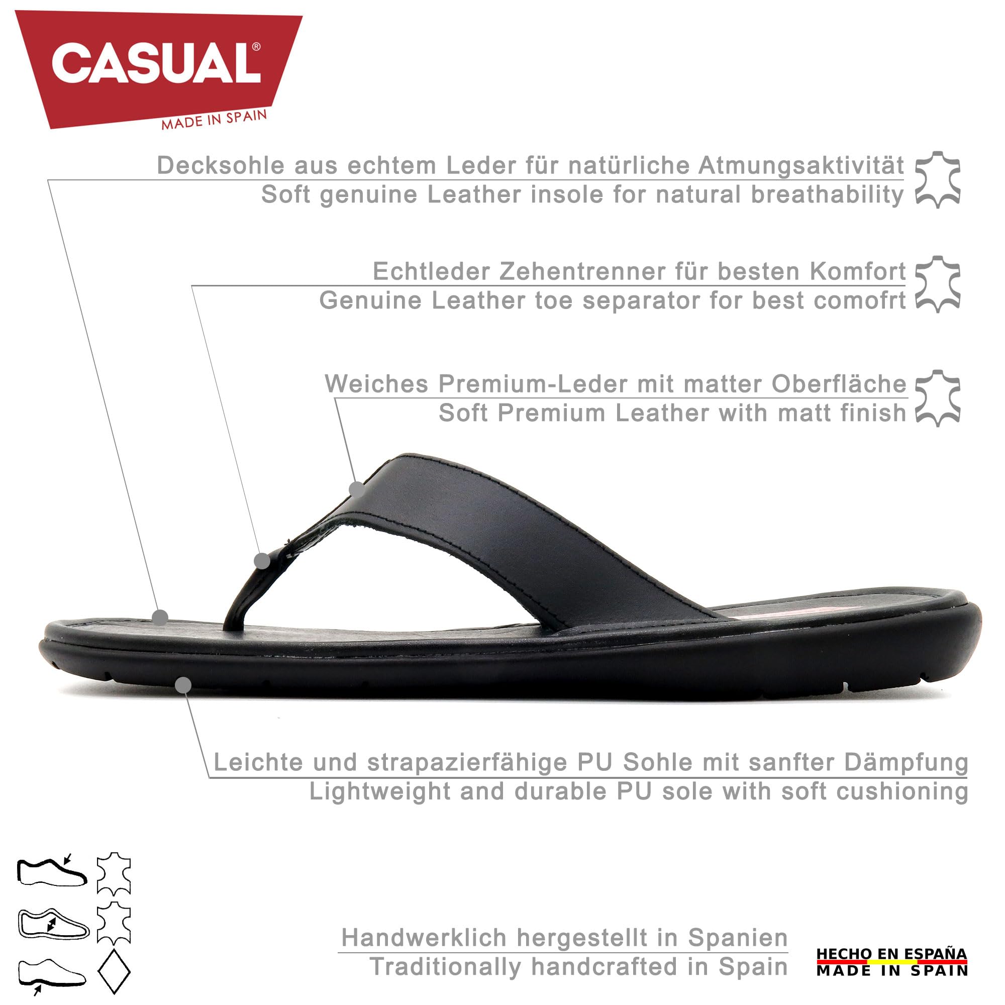 CASUAL Herren Leder Zehentrenner Premium Sommer Flip Flops Sandalen aus Echtleder mit Lederdecksohle