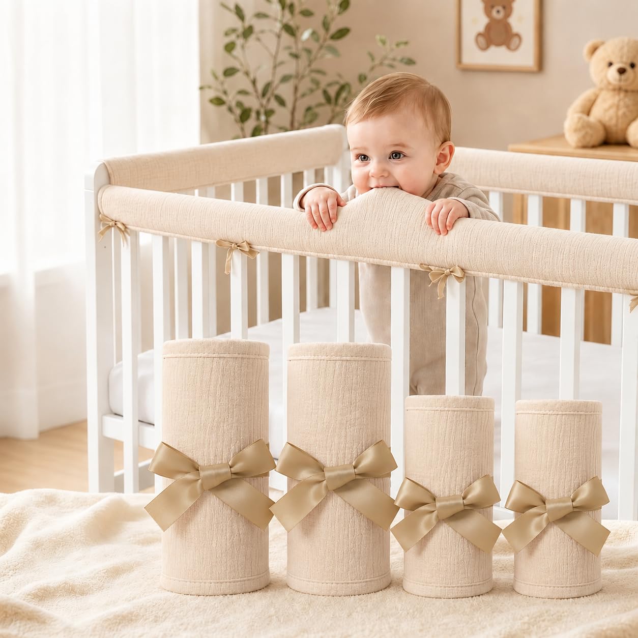 4PCS Crib Rail Teething Guard - Crib Rail Covers for Teething,2027 New Crib Protector for Sides,Soft CribRail Padding,Teething Pad Set for Front and Back Rails