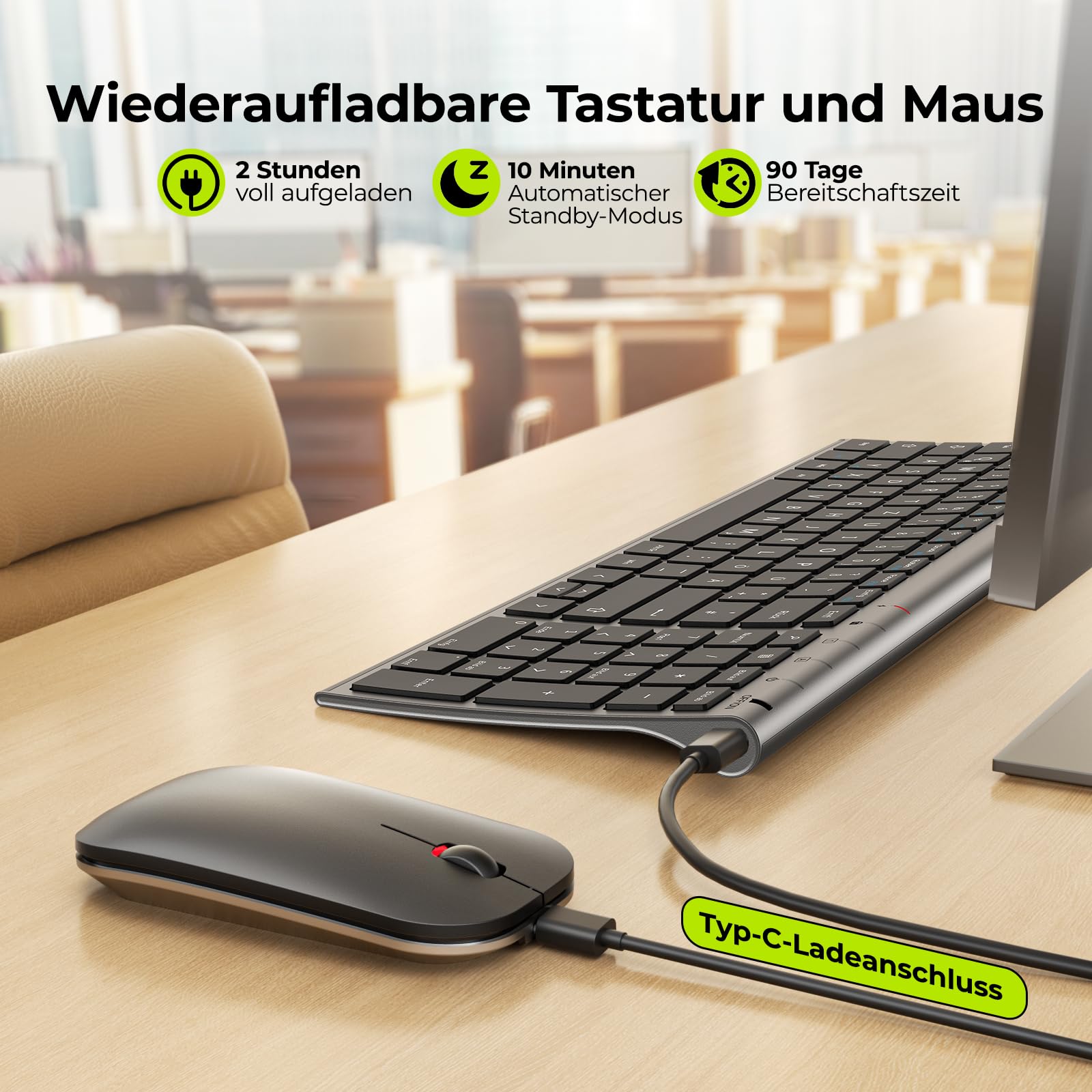 seenda WGJP-031B Ensemble clavier souris sans fil rechargeable en aluminium avec clavier sans fil compact et ultra fin avec souris pour PC/ordinateur portable/Smart TV, disposition QWERTZ (gris)