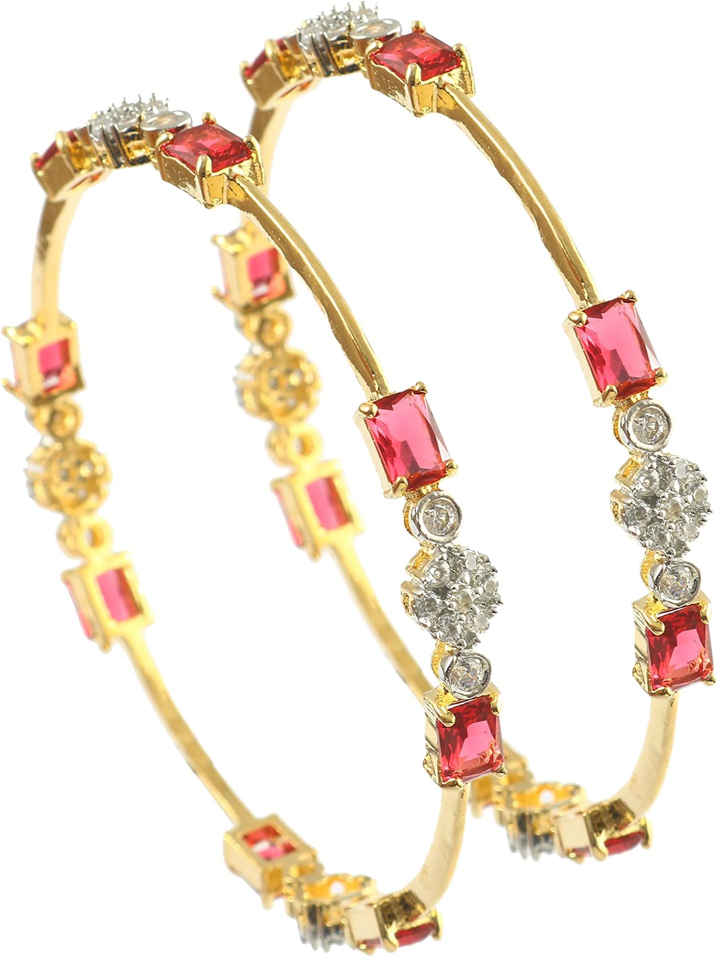 Bangles Set Silver-Gold Plated Two Tone with American Diamond & Cubic Zirconia Ad Cz Crystal Studded Embellished Traditional Design 2 Piece Jewelry