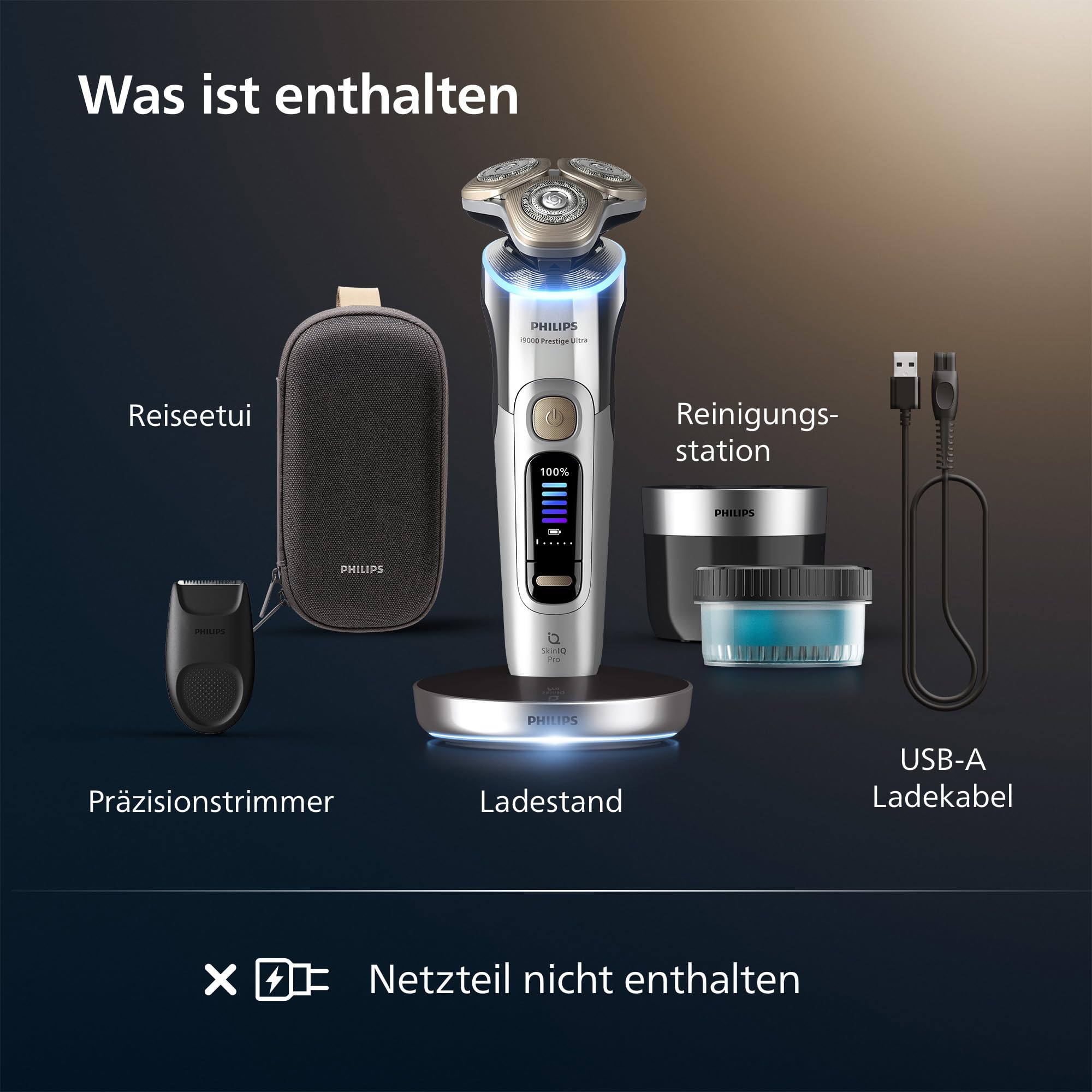 Philips elektrischer Rasierer i9000 Prestige Ultra, Nass- und Trockenrasierer für Herren, chrom, Druck- und Bewegungssensor, Trimmeraufsatz, Reinigungsstation, Ladestation und Reiseetui (XP9404/31)