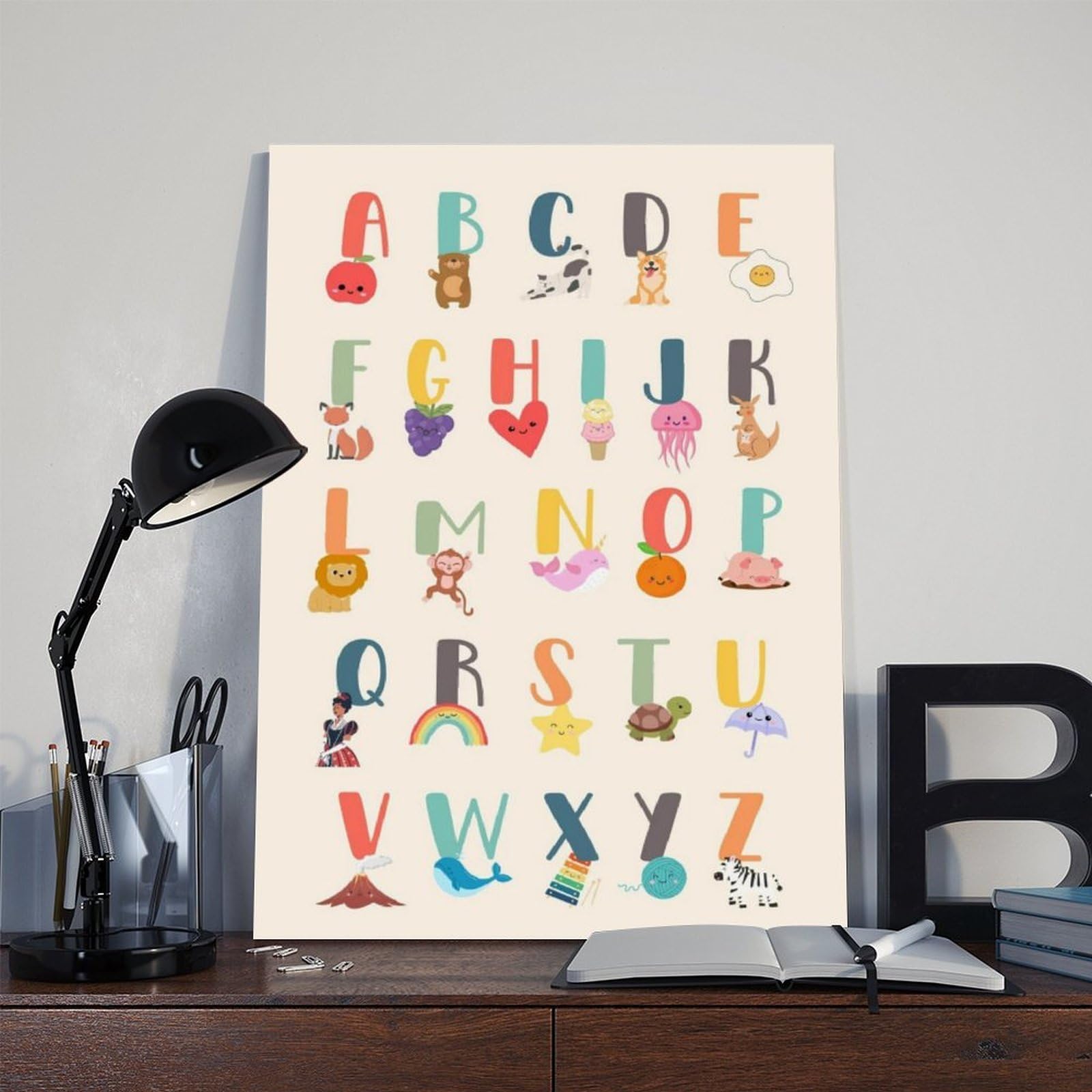 Poster éducatif sur toile pour enfants avec lettres de l'alphabet - Décoration murale pour salon, chambre à coucher - 60 x 90 cm