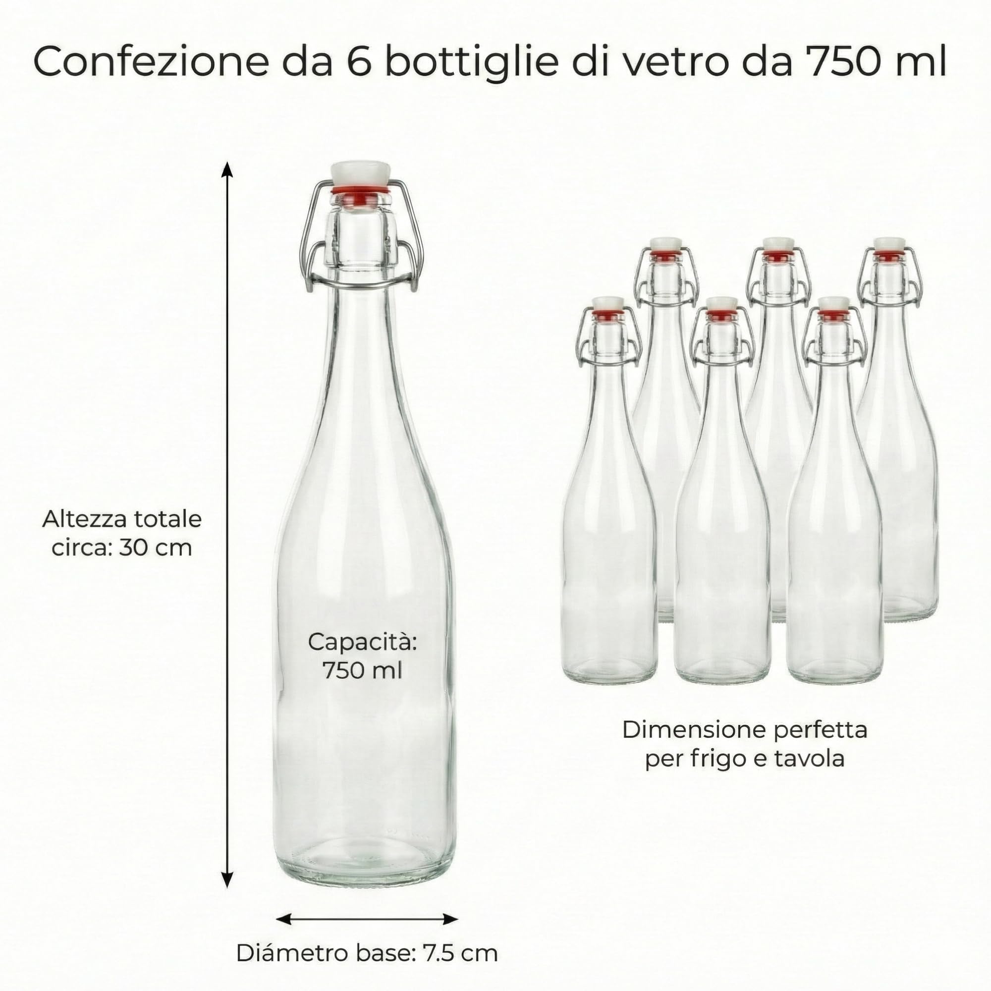 myFERMENTS Kit 6 Bottiglie Vetro 750ml con Tappo Meccanico Ermetico | Set Completo per Fermentazione Birra Liquori Kombucha | Imbuto 10cm, Panno Mussola 50x50cm, Vetro Trasparente