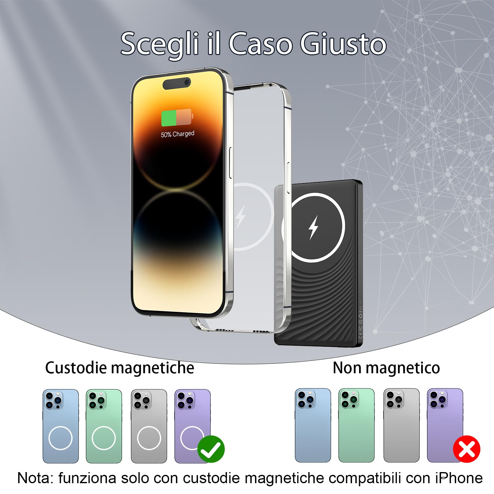Dbasne Power Bank Magnetico, PD QC 3.0 Caricatore Portatile Wireless Ultrasottile 5000mAh, 20w Ricarica Rapida Batteria Esterna con e cavo di ricarica USB-C per iPhone 16/15/14/13 Pro/Plus(Nero)