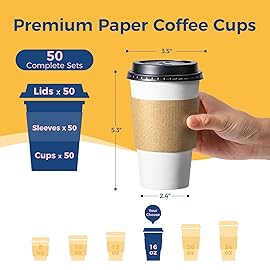 Fit Meal Prep 50 Pack 16 oz Disposable Coffee Cups with Lids, Sleeves, Leak-Proof To Go Coffee Cups with Lids, Durable Paper Cups for Hot Beverage, Home, Office, Party