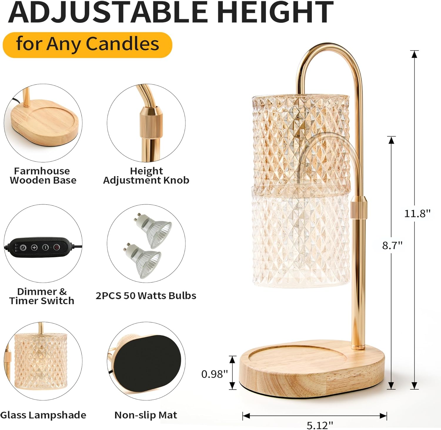 Modern Farmhouse Candle Lamps Height Adjustable Candle Warmer Lamp with Timer & Dimmer Vintage Bedroom Decor for Housewarming, Mothers Day, Birthday Gift (MZ190-Gold)