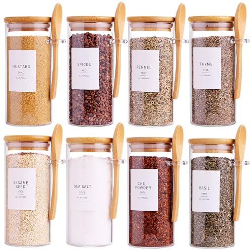 8 Pcs Glass Containers with Bamboo Lids and Spoons -