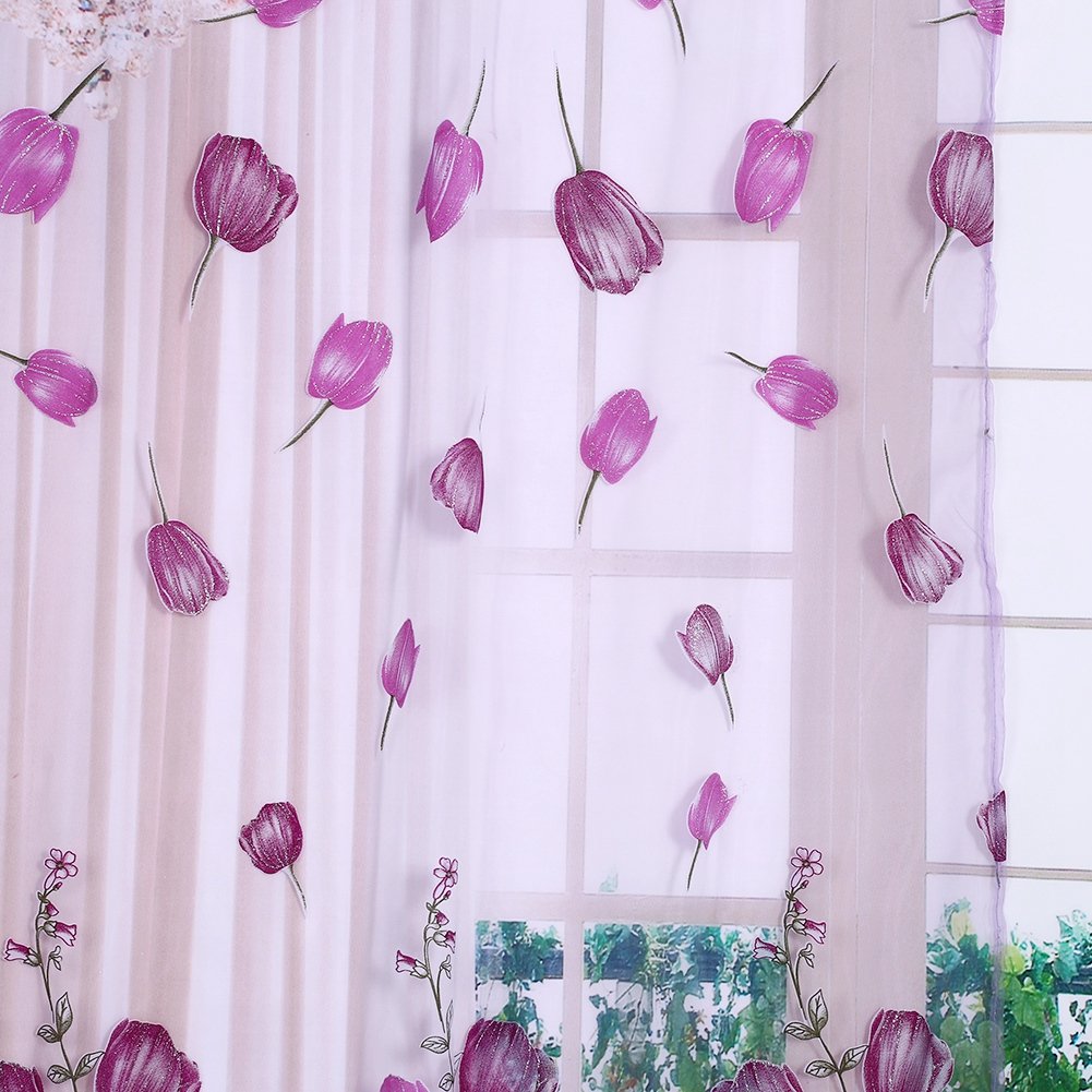 Weiyiroty Sweet TulipsTulle Voile Door Window Curtain Drape Panel Sheer Scarf Valances(purple),100_x_200_cm - Image 2