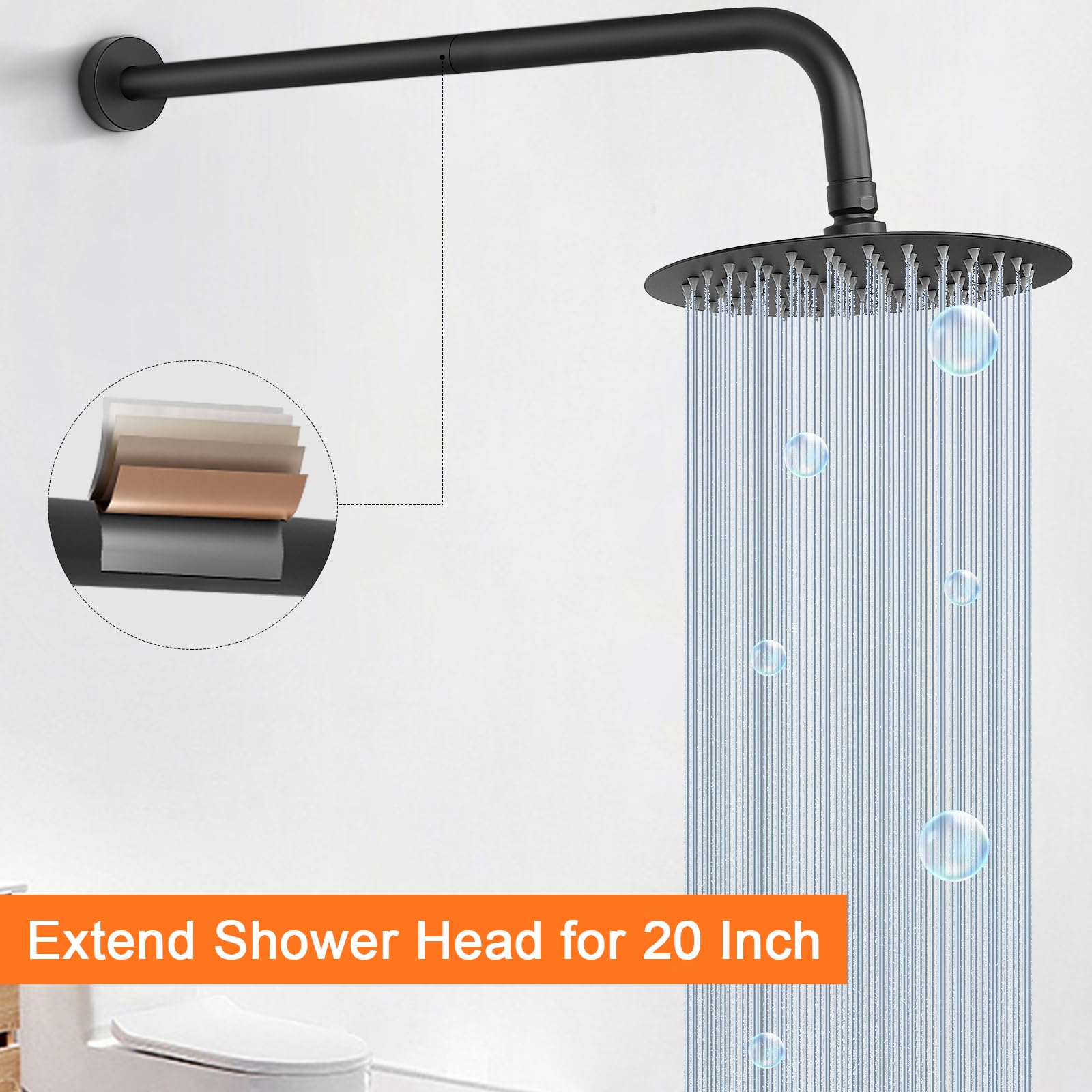 Brazo de ducha con brida y cinta de teflón, brazo de tubo de ducha montado en la pared, brazo de extensión de acero inoxidable 304 para cabezal de ducha fijo y mano (20 pulgadas, negro mate)