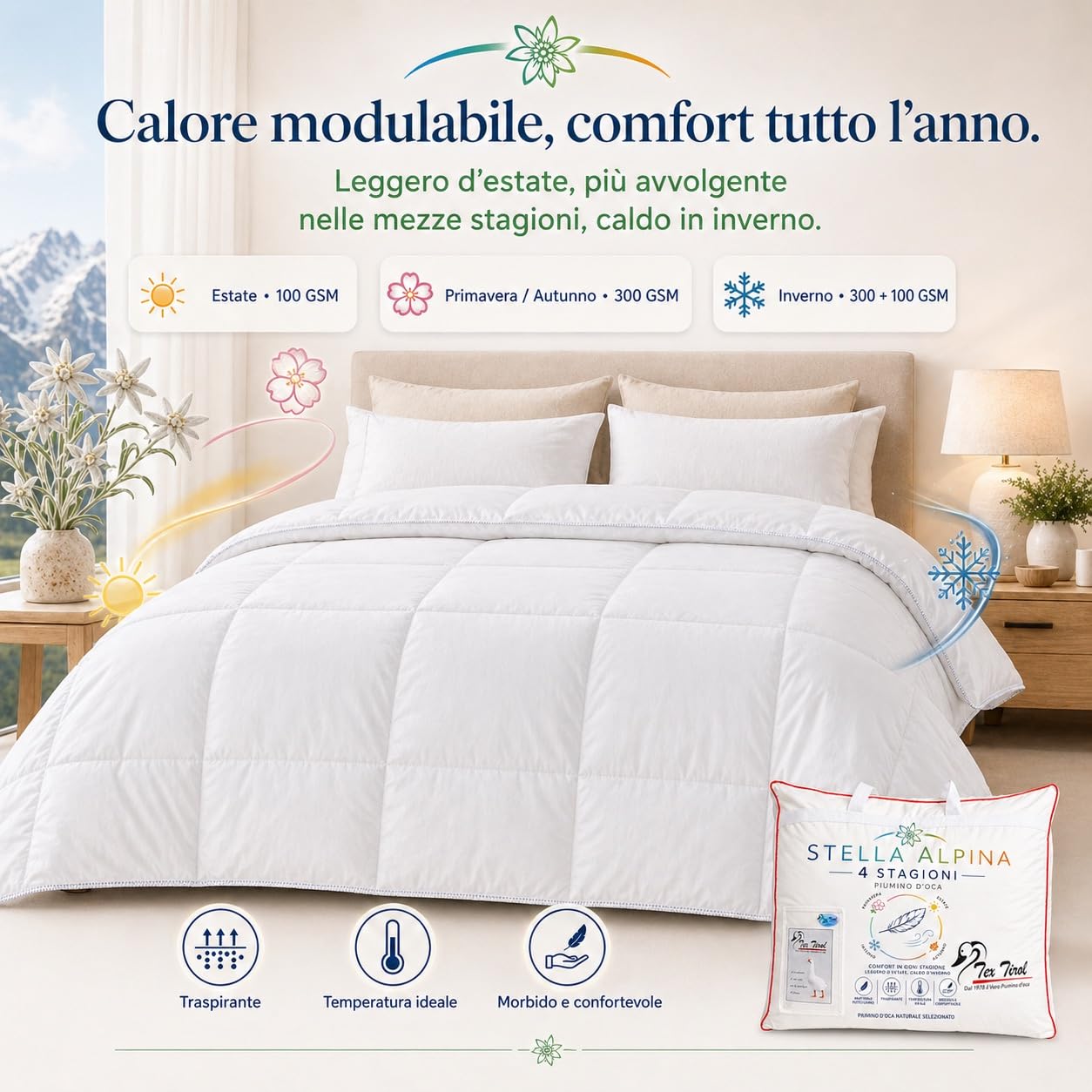PIUMINO Oca TEX TIROL © STELLA ALPINA 4 STAGIONI 100% Piumino OCA tutte le misure - MATRIMONIALE 2 PIAZZE CM. 250X200