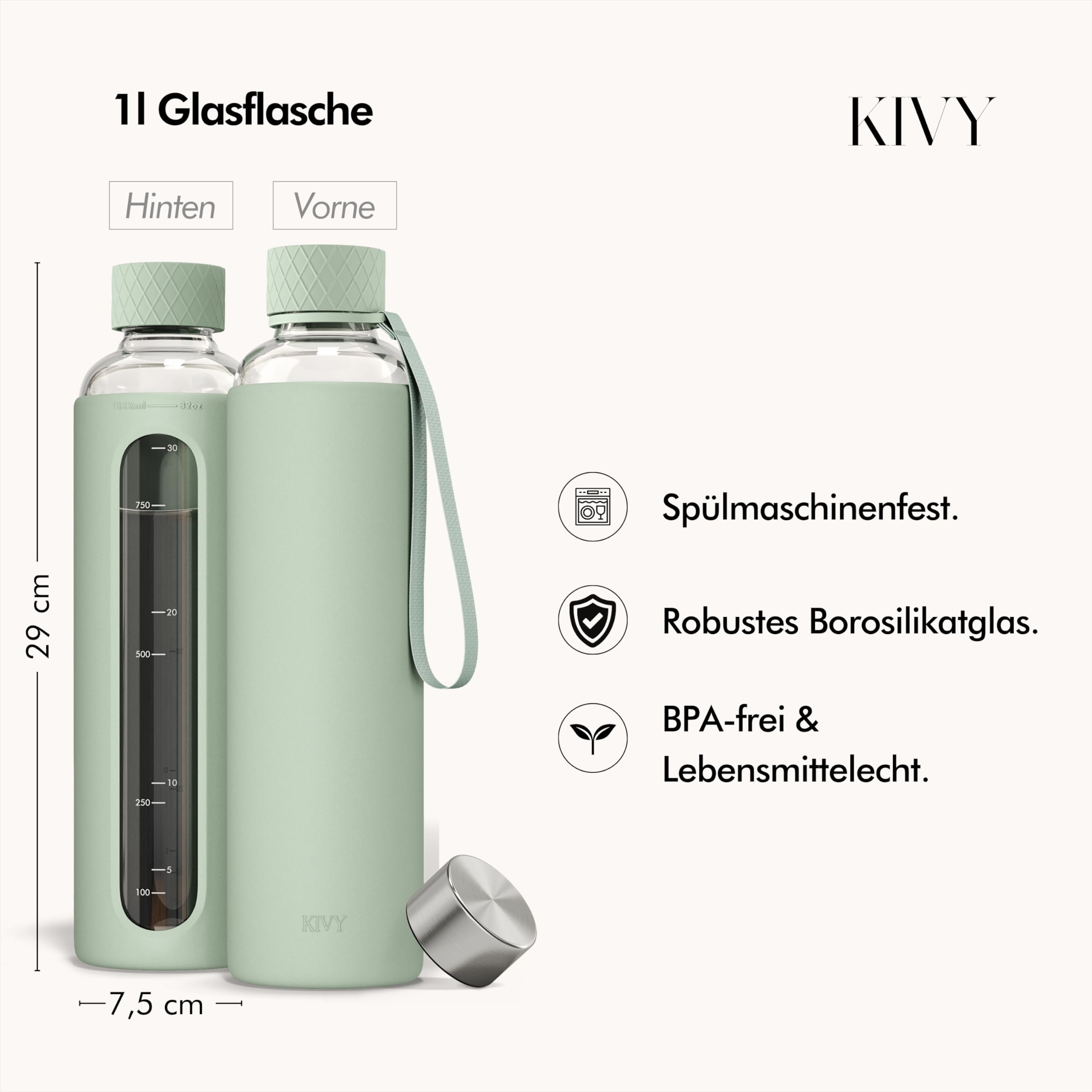KIVY Glas Trinkflasche 1l mit Silikonschutz [KOHLENSÄURE GEEIGNET] Glasflasche 1 Liter - Wasserflasche 1l mit Messskala - Schlanke Glas Wasserflasche Ästhetisch - Auslaufsicher & Spülmaschinenfest