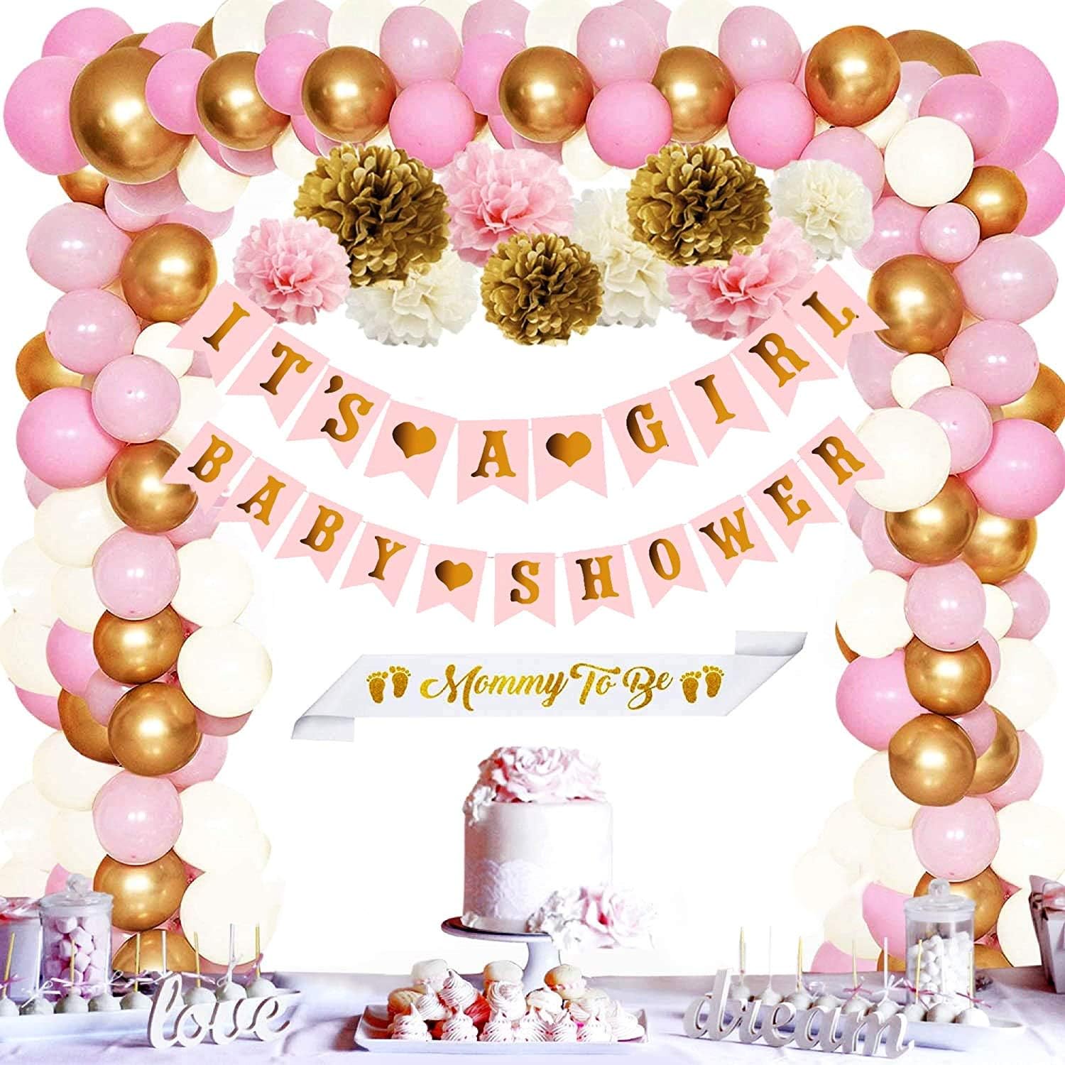 Emerson Essentials Baby Shower Decorations for Girls, Its a Girl Pre-Strung Banner, Balloon Garland Arch Kit, Flower Pom Poms, Mommy to Be Sash, Pink Rose Gold Ivory White Backdrop Decor Princess Kit