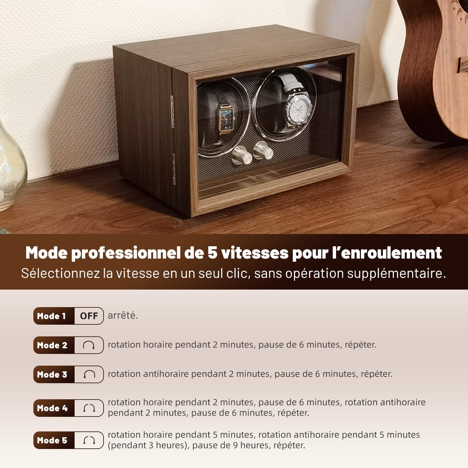 Remontoir pour 2 montres, bois de noyer noir, 4 modes de rotation avec éclairage LED, ultra silencieux