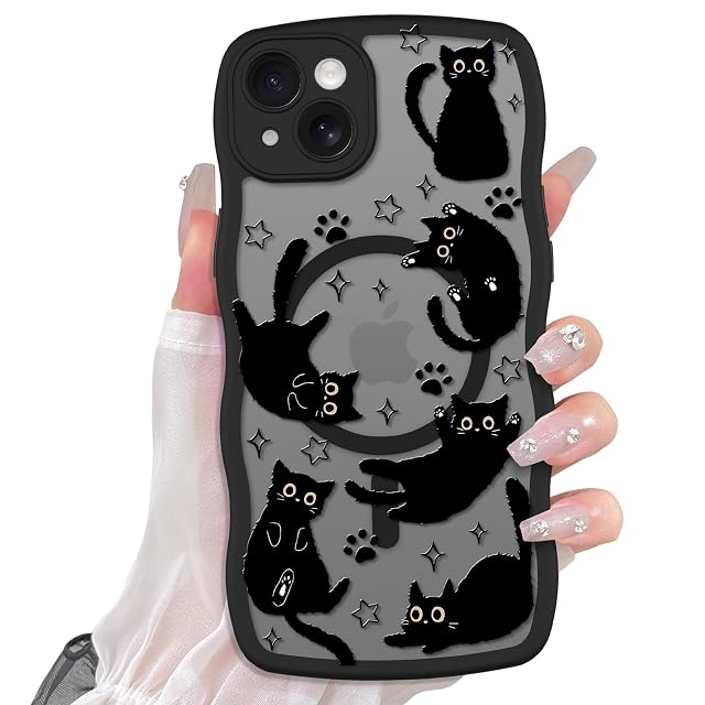 Cute Case for iPhone 14 Case Compatible with MagSafe with Kawaii Black Cats Cat Print Pattern Design for