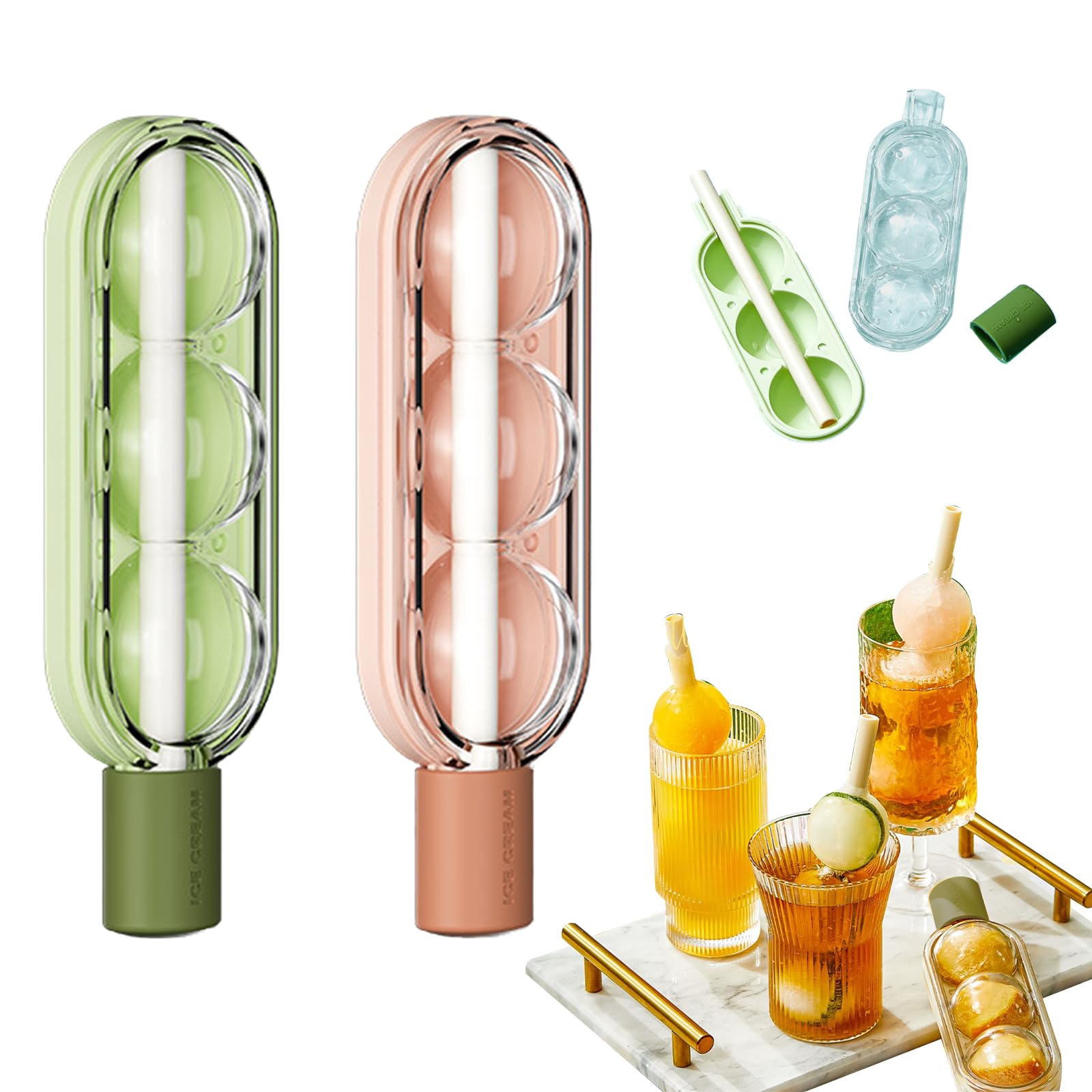 MIUPOO 2 in 1 Touch Ice Water Bottle,Ball Moulds Ice Balls,Silicone Round Moulds Ice Maker with Straw,Round Molds for Hockey Cocktail Coffee Champagne Beer Juice Water,2 Pieces.