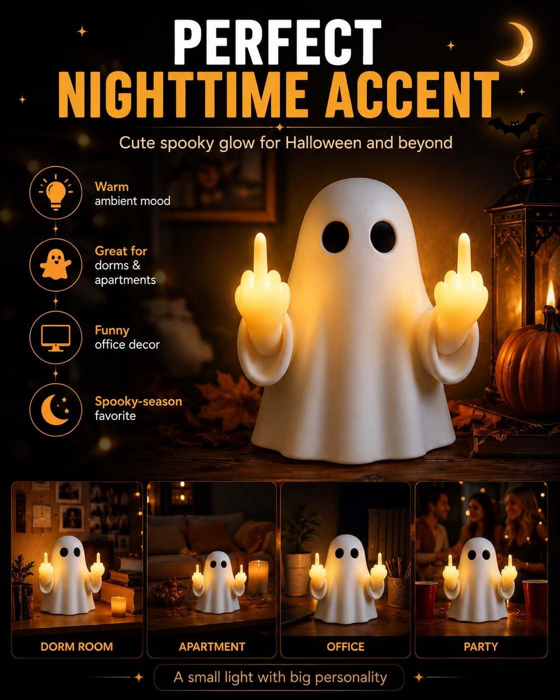 Leuchtender Geist mit Mittelfinger, Nachtlicht Halloween Geisterlampe, 3D Mittelfinger Niedliches Geister, Lustige Wandlampe Deko für Zuhause, Schlafzimmer, Streich Geschenke (2PCS)