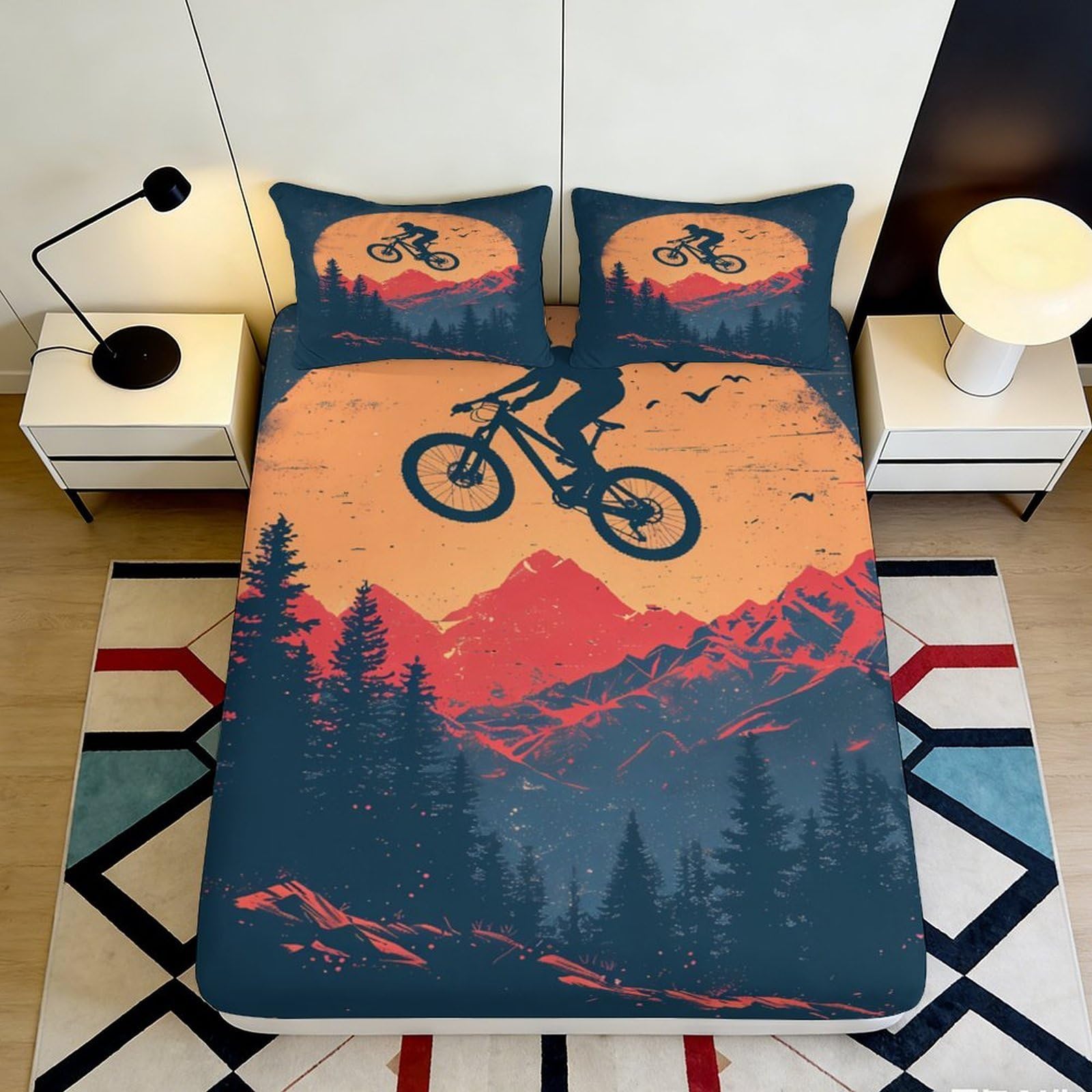 Jqzkxnhpbr Style-2 3D Printed Mountain Sunset Fitted Sheet Microfiber Soft Bike Silhouette Mattress Cover For Bedroom Decor Dorm Use 90X200x25cm