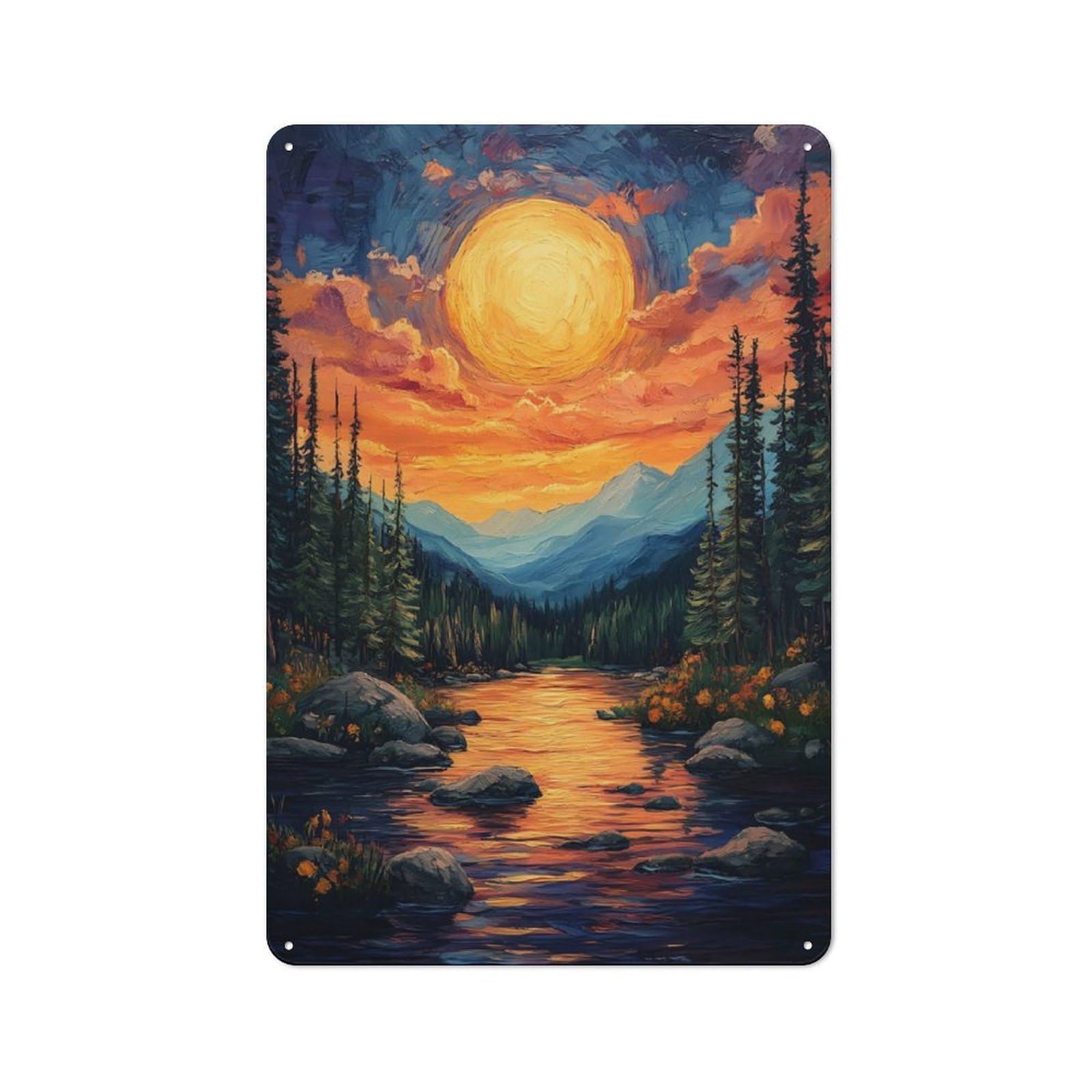 Junmoney Sunset Mountain River Retro Metal Sign 30X20cm, Distressed Look Retro Room Decor For Living Room, Hallway, Kitchen Or Cafe