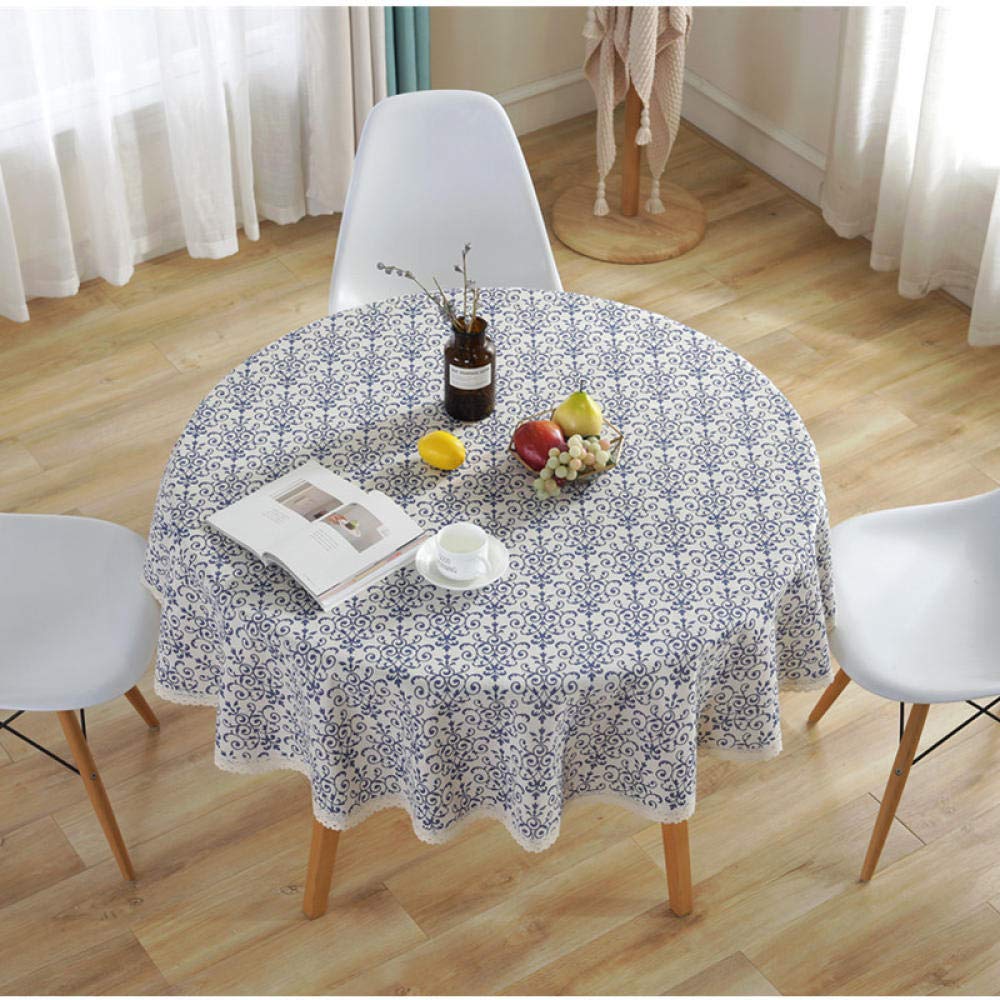 Nappe ronde coton lin bleu 150 cm rétro avec dentelle