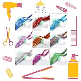Hair Tinsel Kit 12 Colors, 2500 Strands 48 Inches Sparkling Tinsel Hair Extensions with Tool, Fairy Hair Tinsel for Birthday Halloween Christmas New Year Party