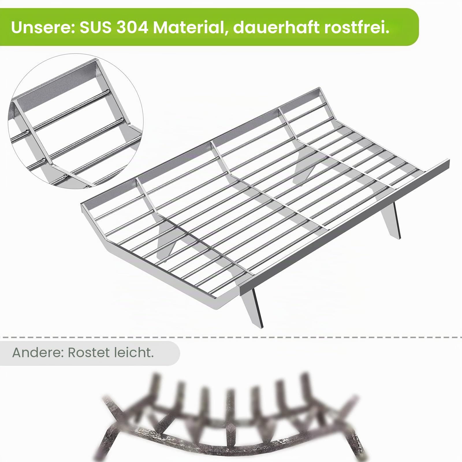BeneLabel Kaminrost Schwerlast, Groß Kamin Feuerrost Holzwiegen Offenes Feuer Gitterrost Edelstahl Brennholz Kaminscheit Kohlerost für Innen Außen Brennen Ofen, 61 x 38 x 17cm/4 Beine