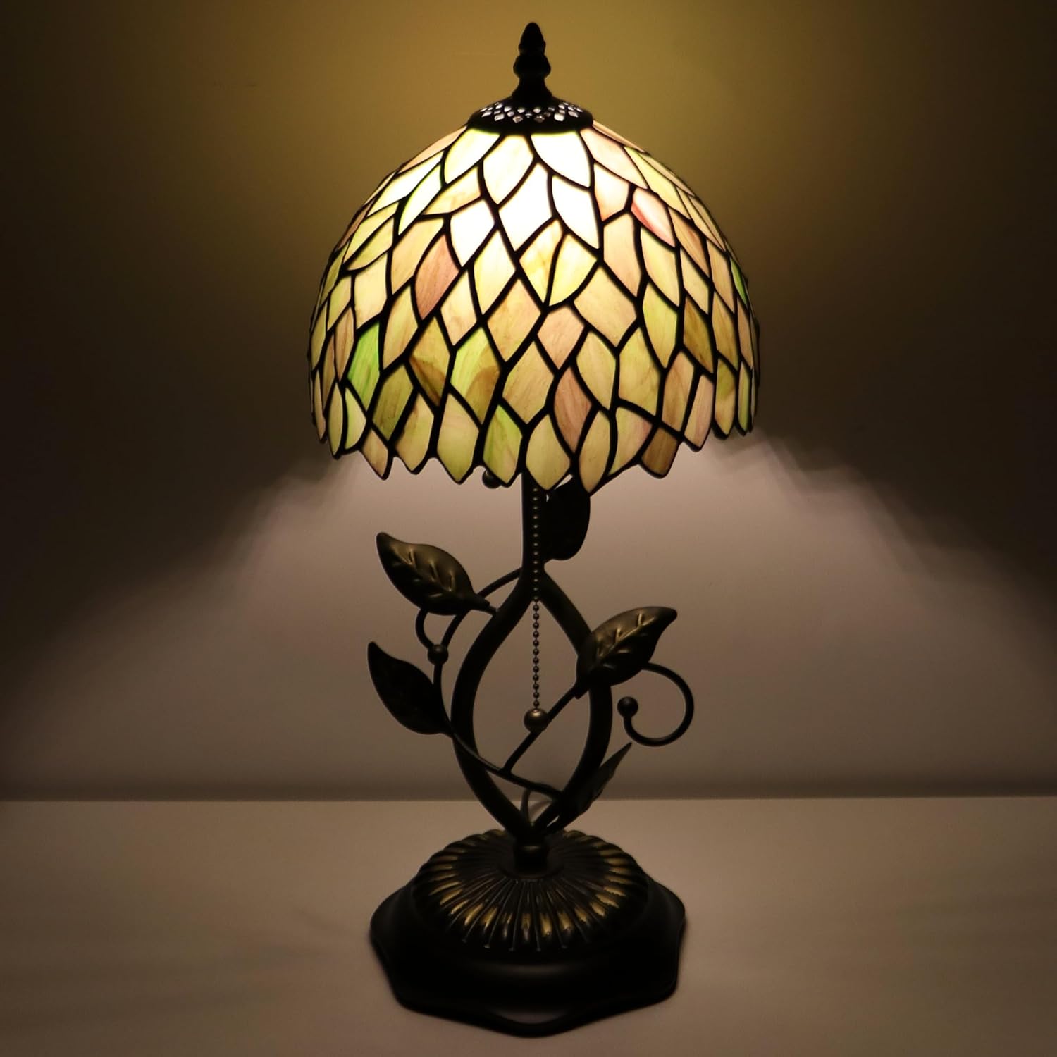 Small Tiffany Lamp Brown Green Leafage Style Stained Glass Table Lamps Desk Bedside Reading Light 8X8X18 Inches with Bronze Metal Leaf Resin Base