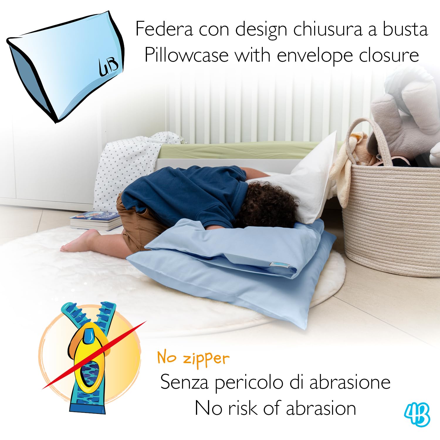 Federe Cuscino 40x60 Bambino Set 2 Puro Cotone Made in Italy OEKO-TEX Biancheria da letto Azzurro