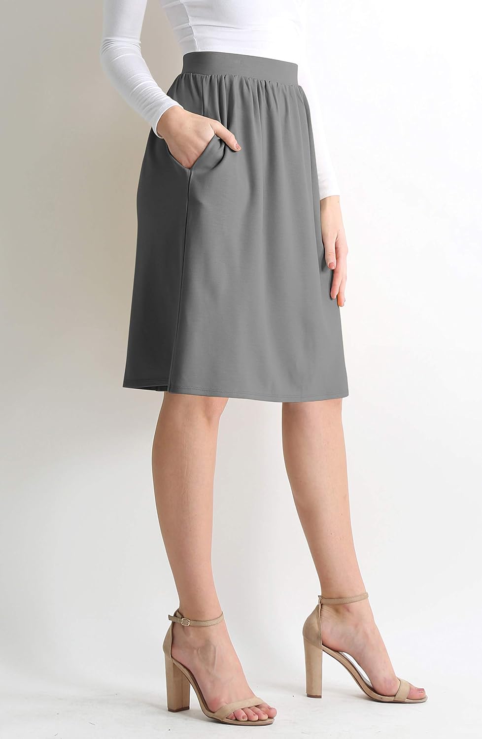 Simlu Womens Knee Length Flare A-Line Skirt with Side Pockets Regular and Plus Size - Made in USA