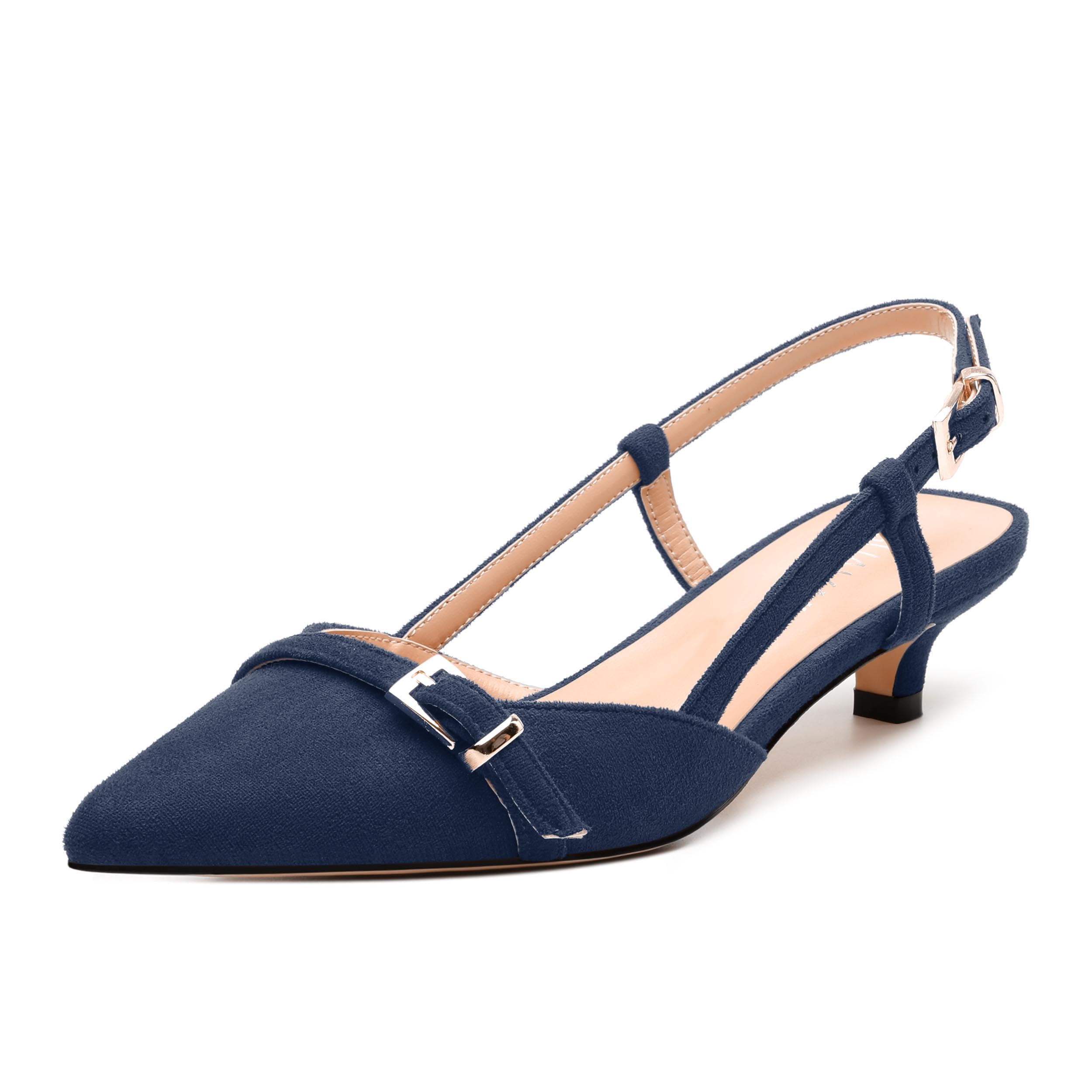 GUAVAIVY Women's Pumps, Pointed Toe Low Heels, Slingback Buckle Fashion Solid Faux Suede Pump for Women