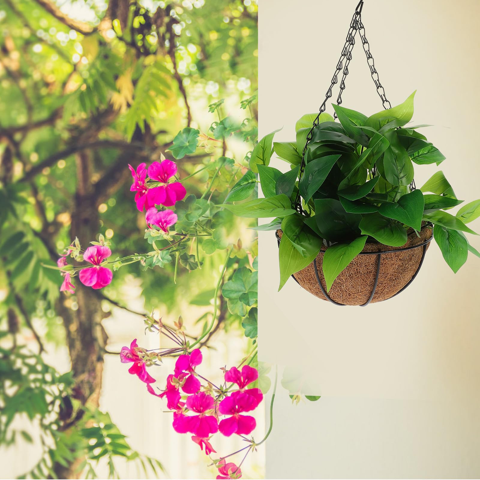 Tofficu Epipremnum Aureum Artificiale Sospeso con Cesto in Fibra di Cocco, Pianta Finta Decorativa per Casa e Ufficio, Ornamento Vegetale per Interni, Piante Artificiali Sospese