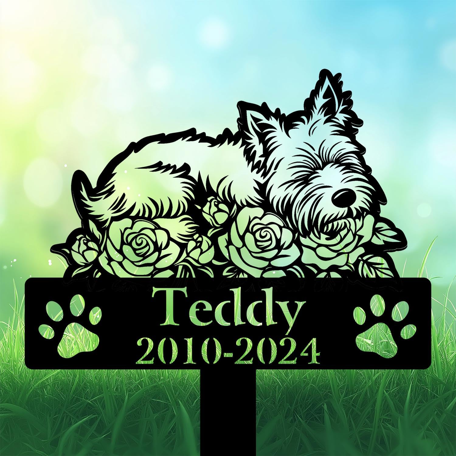 Custom West Highland White Terrier Grave Marker, West Highland White Terrier Dog Sleeping Rose Flowers Memorial Stake, Westie Loss, Dog Headstone, Pet Memorial Plaque, Personalised Name Sign