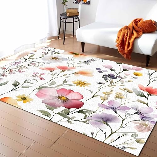Flower Spring Area Rugs 5x8 for Bedroom Living Room, Non-Slip Throw Rug for Entryway Bathroom, Watercolor Retro Country Farm Leaf Plant Indoor Floor