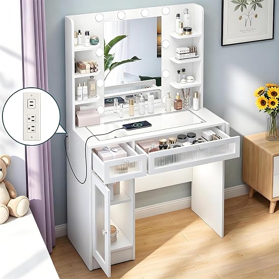 Vipbear Vanity Desk with LED Lighted Mirror & Power Outlet, Makeup Vanity Table with 2 Drawers, 8 Shelves and 1 Cabinet, Foldable White Vanity Desk with Glass Top, Vanity Set for Bedroom, Bathroom