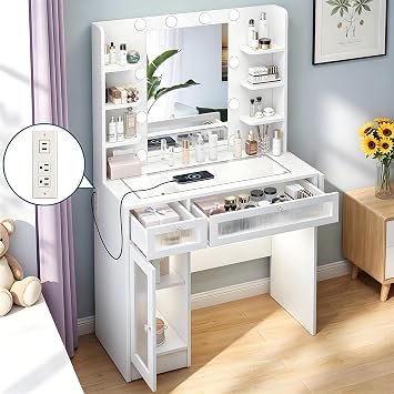 Vipbear Vanity Desk with LED Lighted Mirror & Power Outlet, Makeup Vanity Table with 2 Drawers, 8 Shelves and 1 Cabinet, Foldable White Vanity Desk with Glass Top, Vanity Set for Bedroom, Bathroom