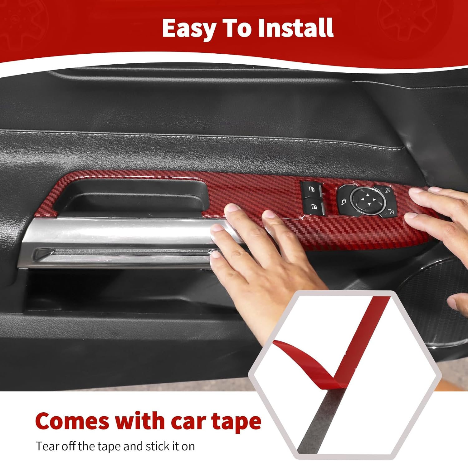 for Mustang Power Window Switch Panel Trim Cover for Ford Mustang 2015-Present Red Carbon Fiber Interior Accessories 2pcs