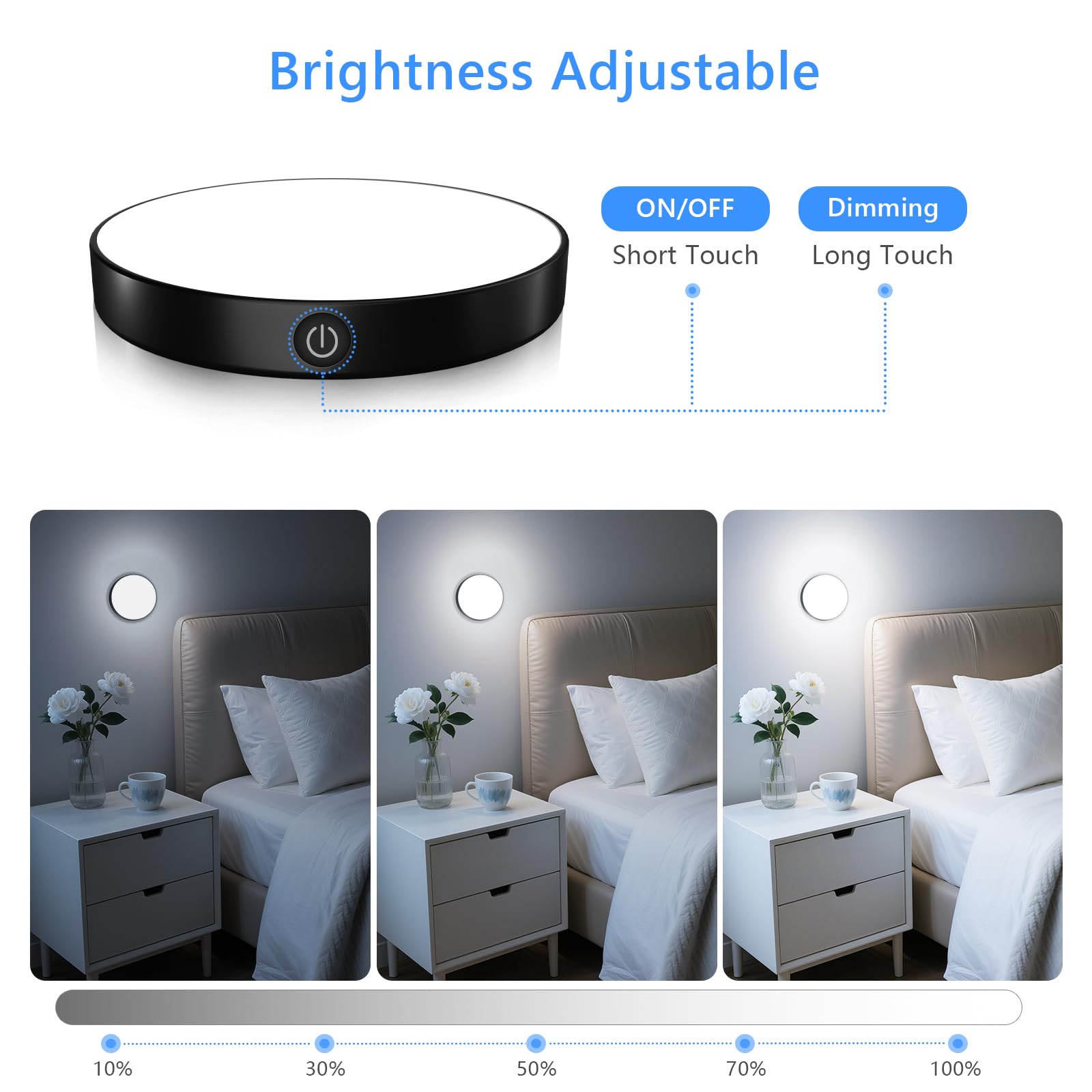 Ferswe Luce notturna ricaricabile 6000K, luce tattile dimmerabile con batteria grande da 1000 mAh, luminosità regolabile, luci da attaccare per armadio, armadietto, bancone, cucina (confezione da 2)