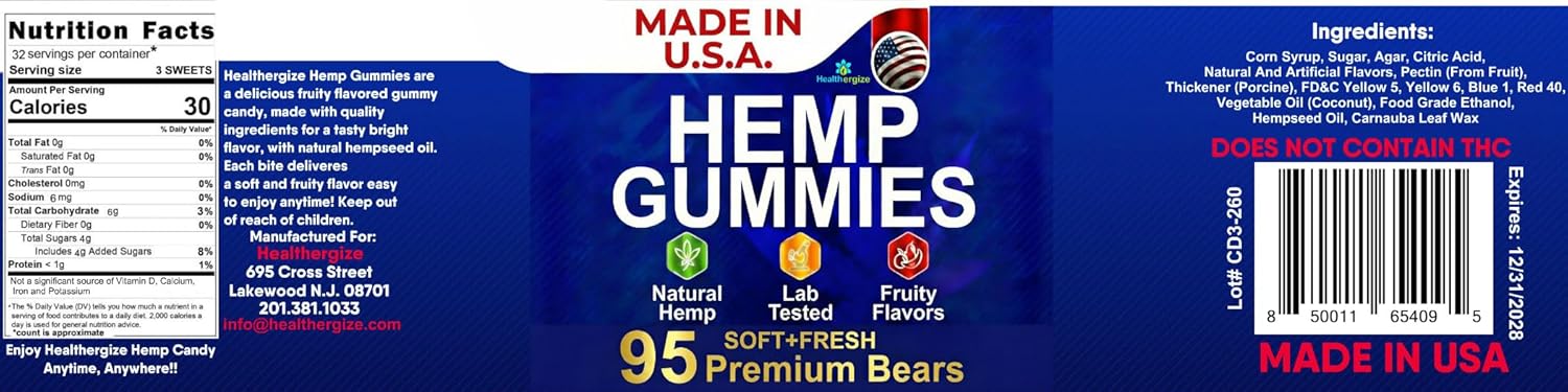 Healthergize Hemp Gummies for Sleep Gummy Bear Edibles, Peace and Relaxation, Hempseed Oil Infused Fresh Soft and Fruity Candy-95 Count